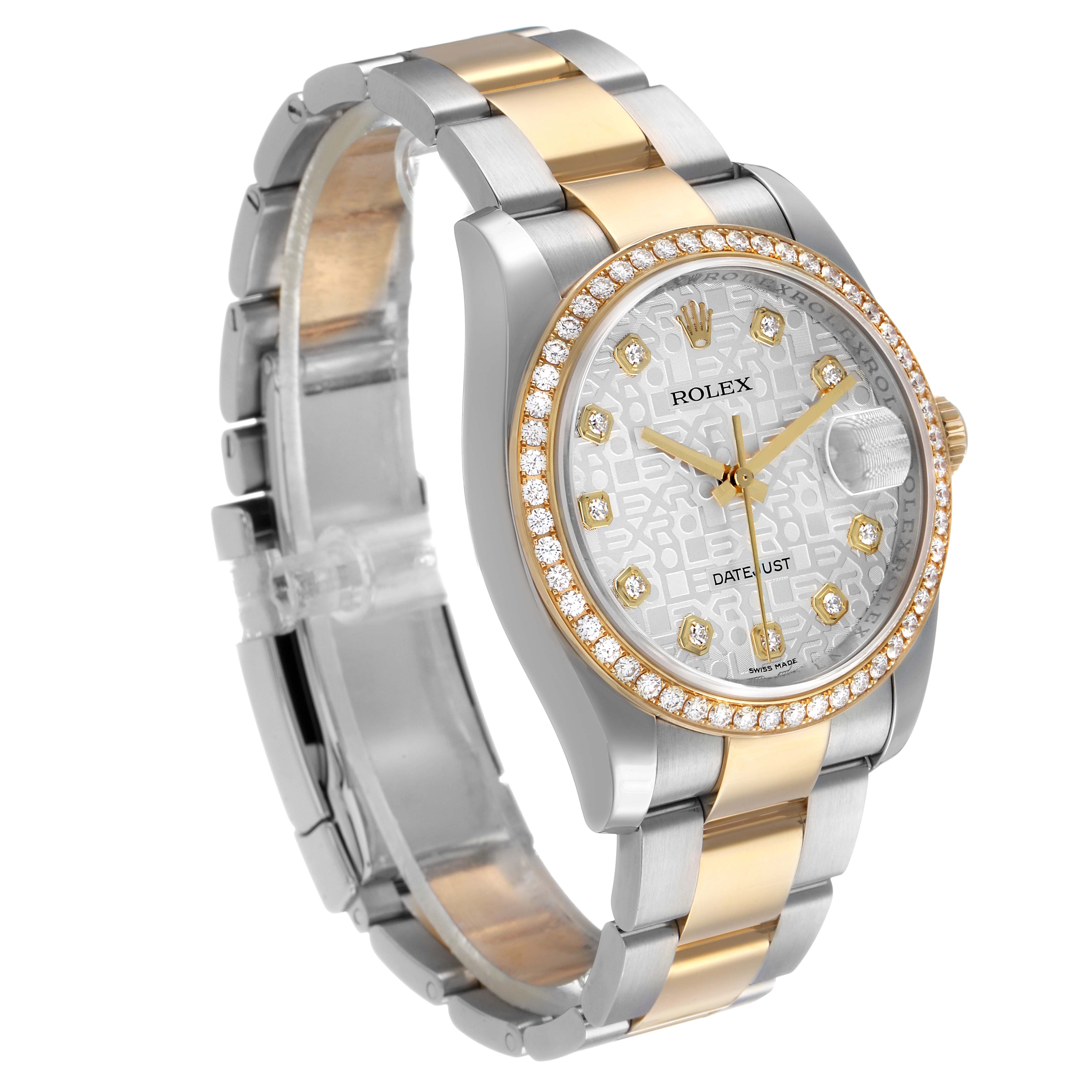 The Rolex Datejust 116243 Men's Steel and Gold (two tone) Silver Dial watch is shown from a three-quarter angle, highlighting the dial, bezel, and bracelet.