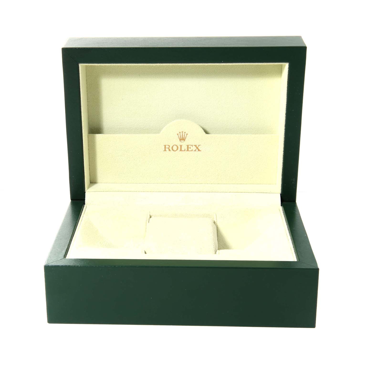 The image shows an open Rolex Datejust 116243 Men's Steel and Gold (two tone) Silver Dial watch box from a front angle, displaying the interior with the Rolex logo.