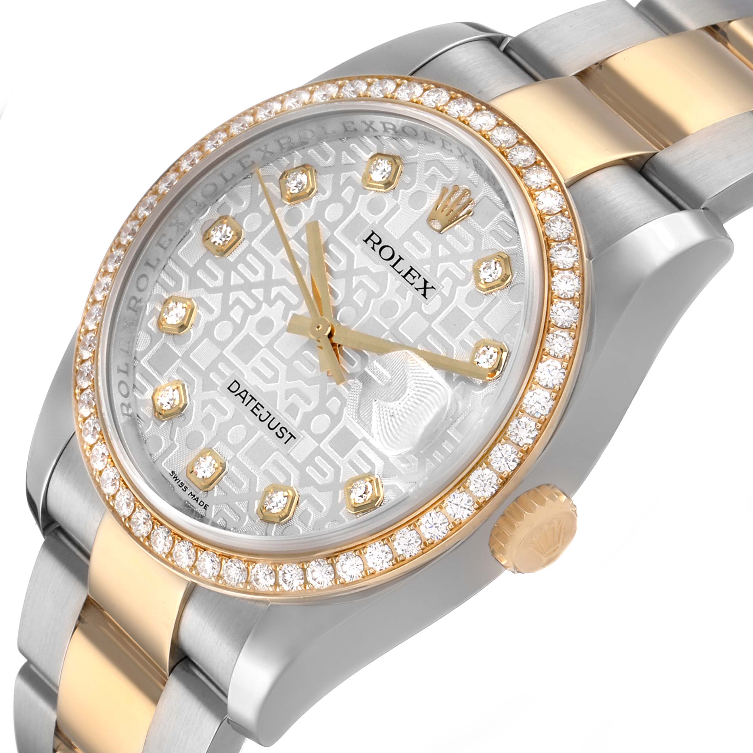 The Rolex Datejust 116243 Men's Steel and Gold (two tone) Silver Dial watch is shown at an angled side view, displaying the face, diamond bezel, and two-tone bracelet.