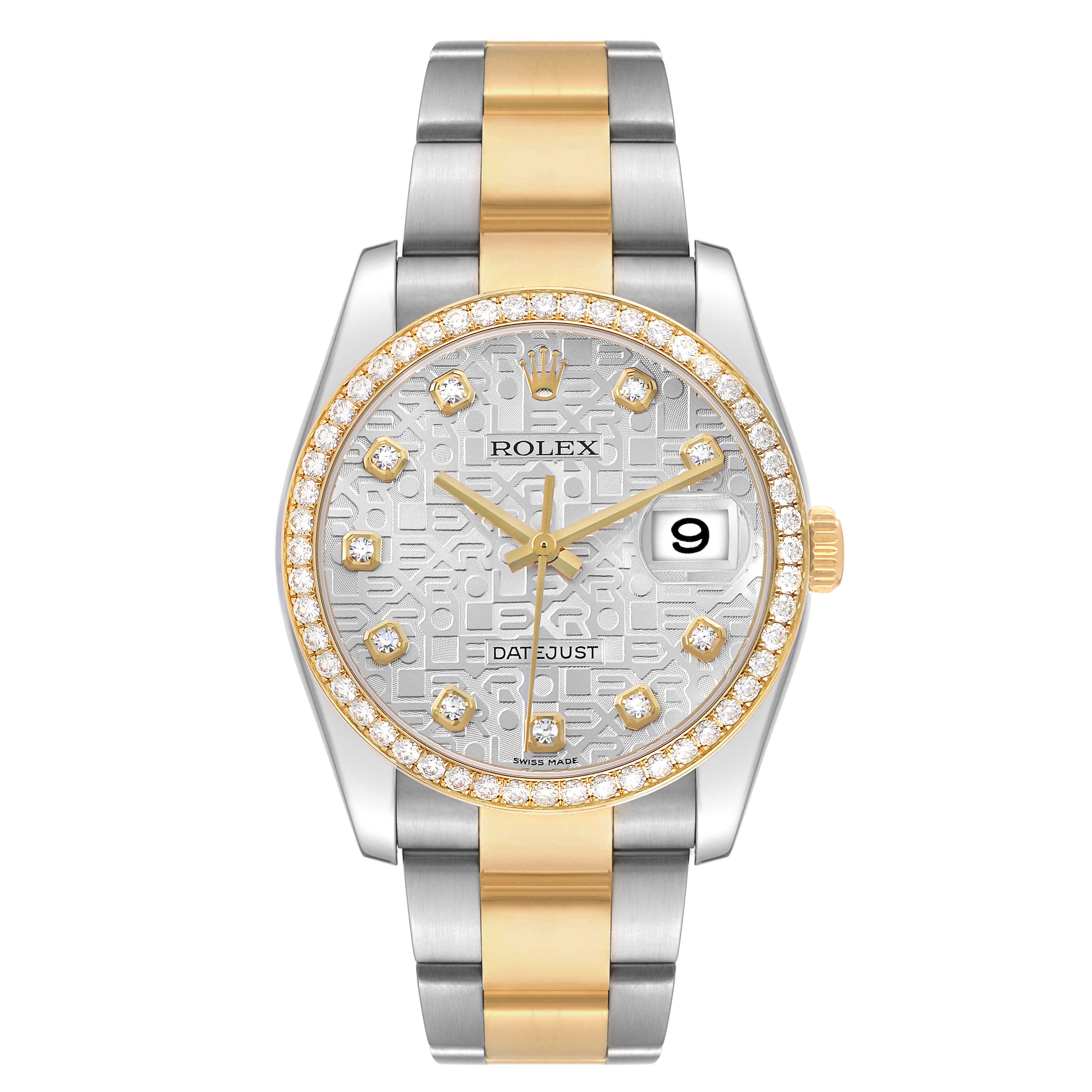 The Rolex Datejust 116243 Men's Steel and Gold (two tone) Silver Dial watch is shown from a frontal angle, highlighting its dial, bezel, and bracelet.