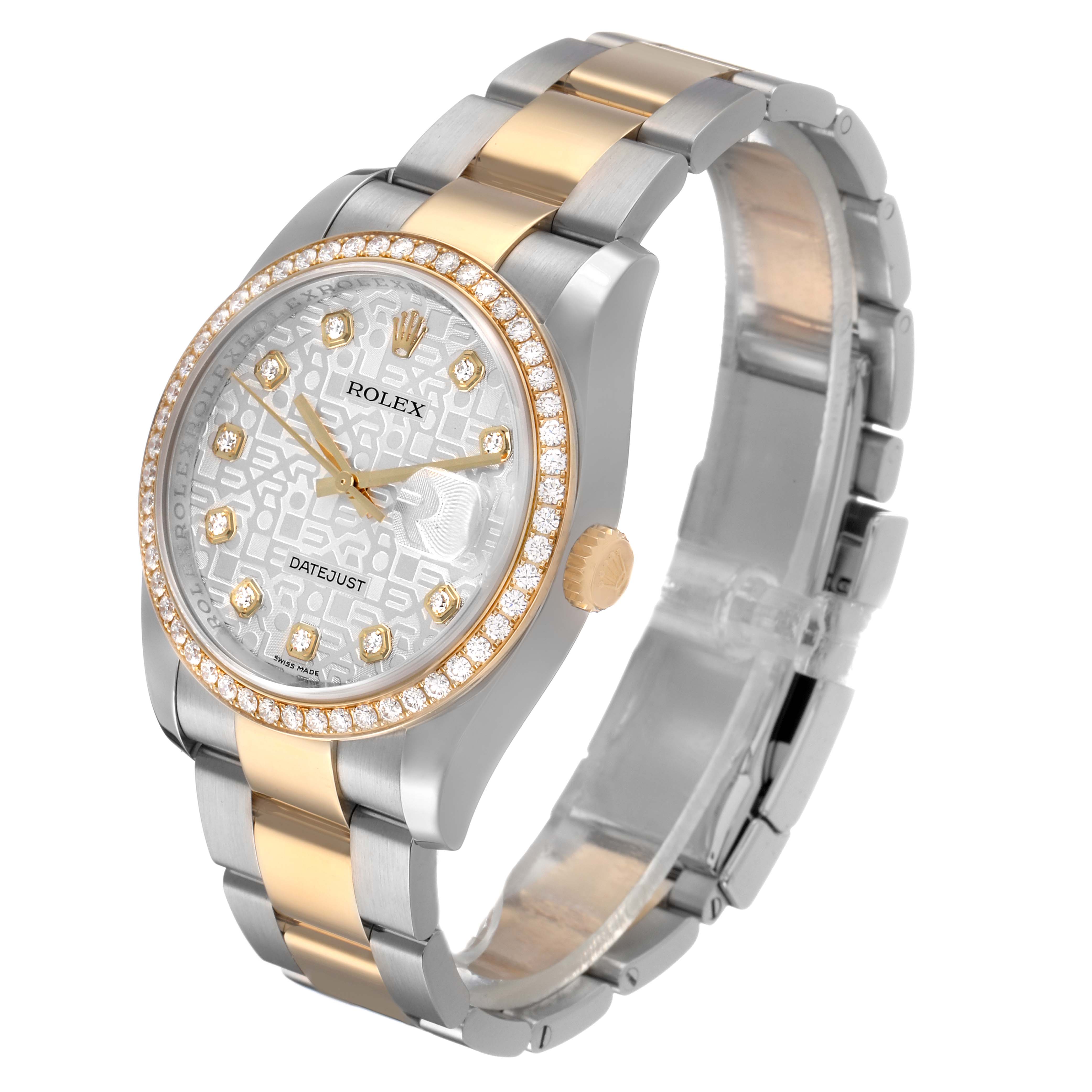The Rolex Datejust 116243 Men's Steel and Gold (two tone) Silver Dial is shown at an angle highlighting its bezel, face, and bracelet.