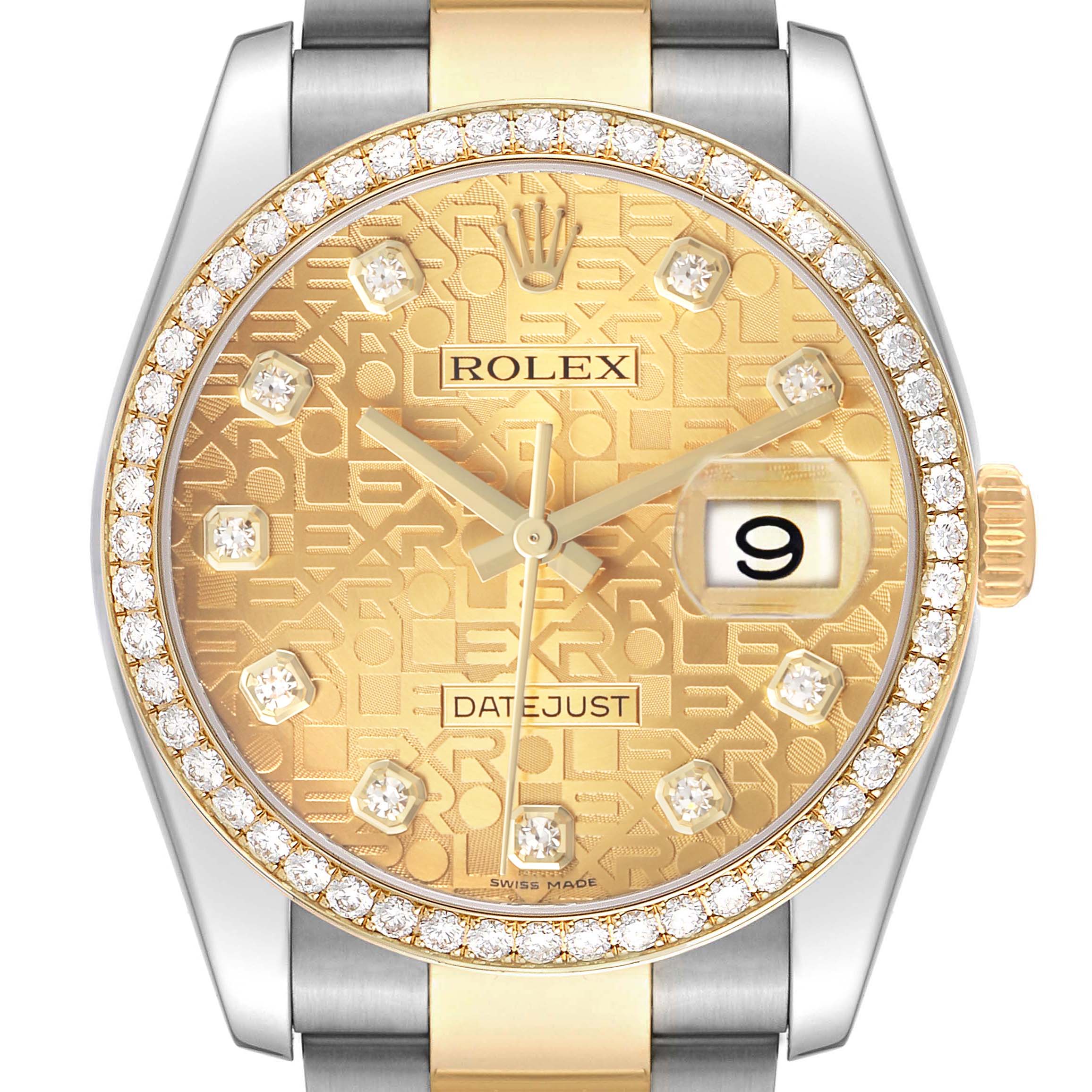 The image shows a frontal view of a Rolex Datejust 116243 Men's Steel and Gold (two tone) Champagne Dial watch, highlighting the dial, bezel, and part of the bracelet.