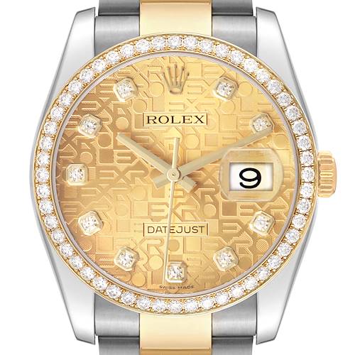 The Rolex Datejust 116243 Men's Steel and Gold (two tone) Champagne Dial watch is shown from a top-down angle, highlighting its diamond bezel, gold dial, and date feature.