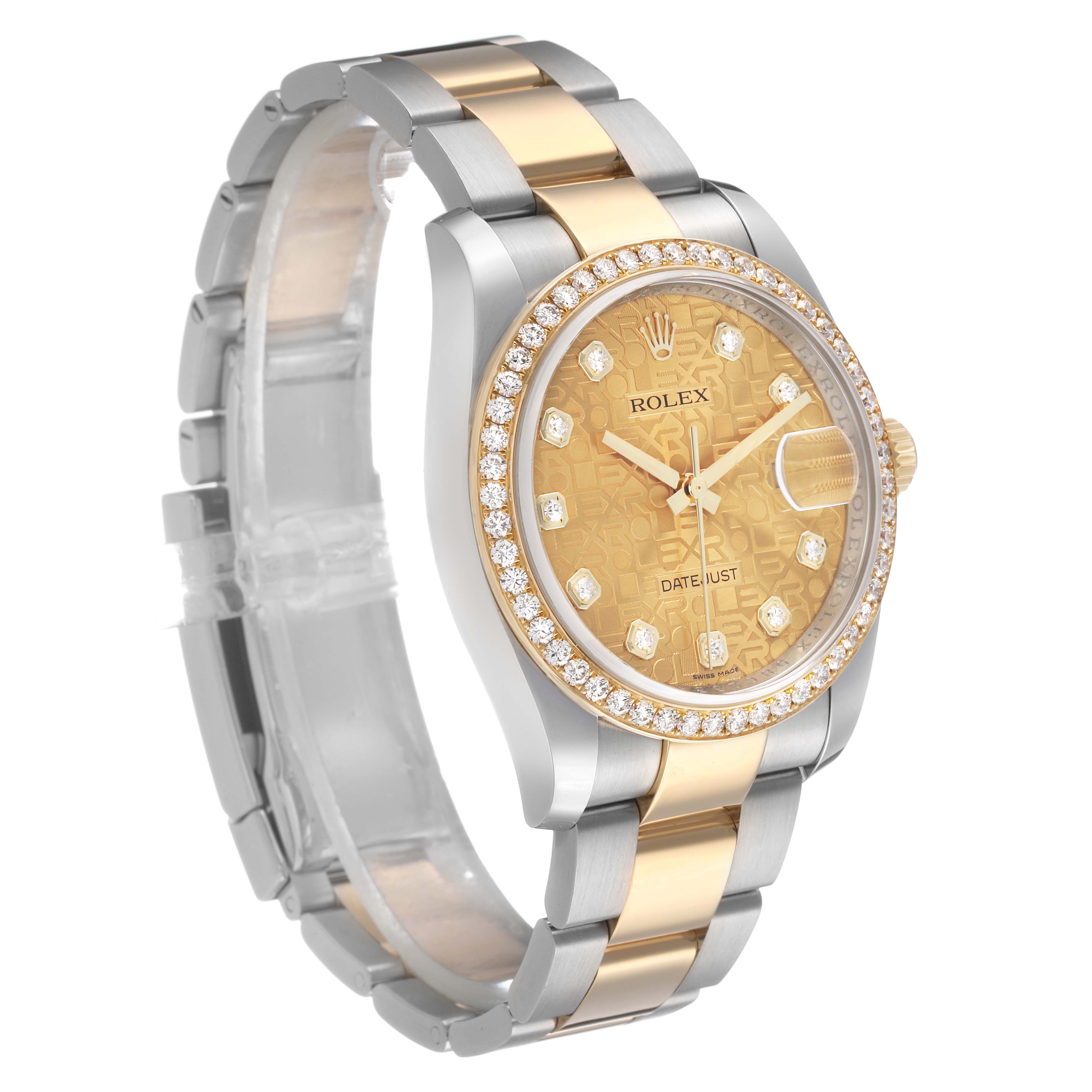The Rolex Datejust 116243 Men's Steel and Gold (two tone) Champagne Dial watch is shown at a three-quarter angle, showcasing its face, bezel, and bracelet.