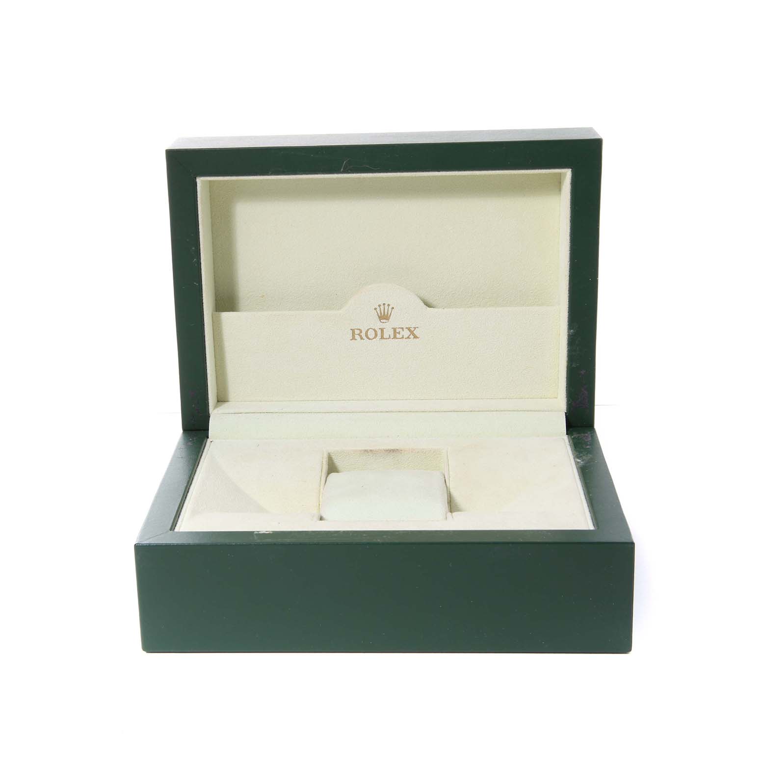 The image shows an open Rolex Datejust 116243 Men's Steel and Gold (two tone) Champagne Dial watch box, featuring a green exterior and cream interior.