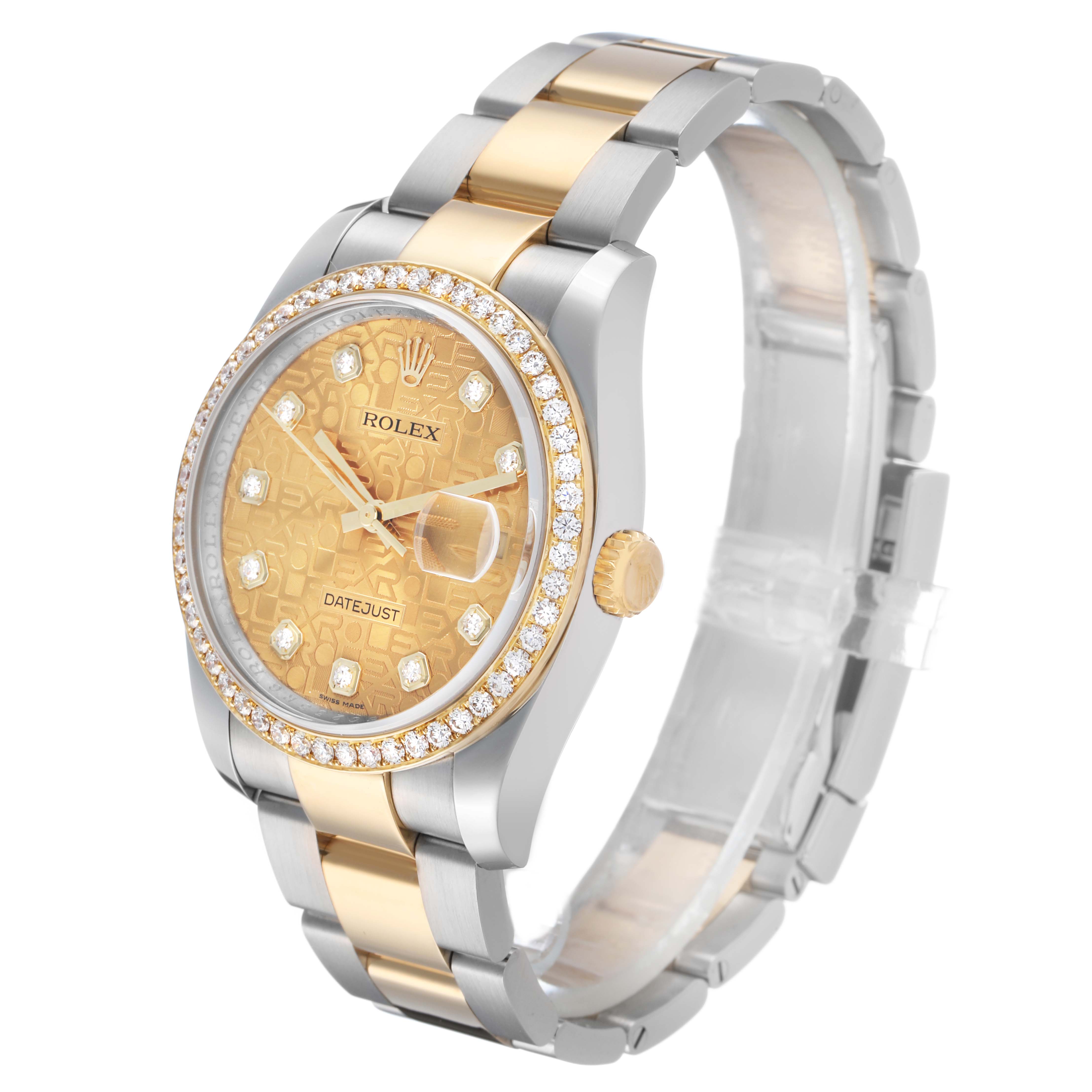 The Rolex Datejust 116243 Men's Steel and Gold (two tone) Champagne Dial watch is shown at a three-quarter angle, highlighting the bezel, dial, case, crown, and bracelet.