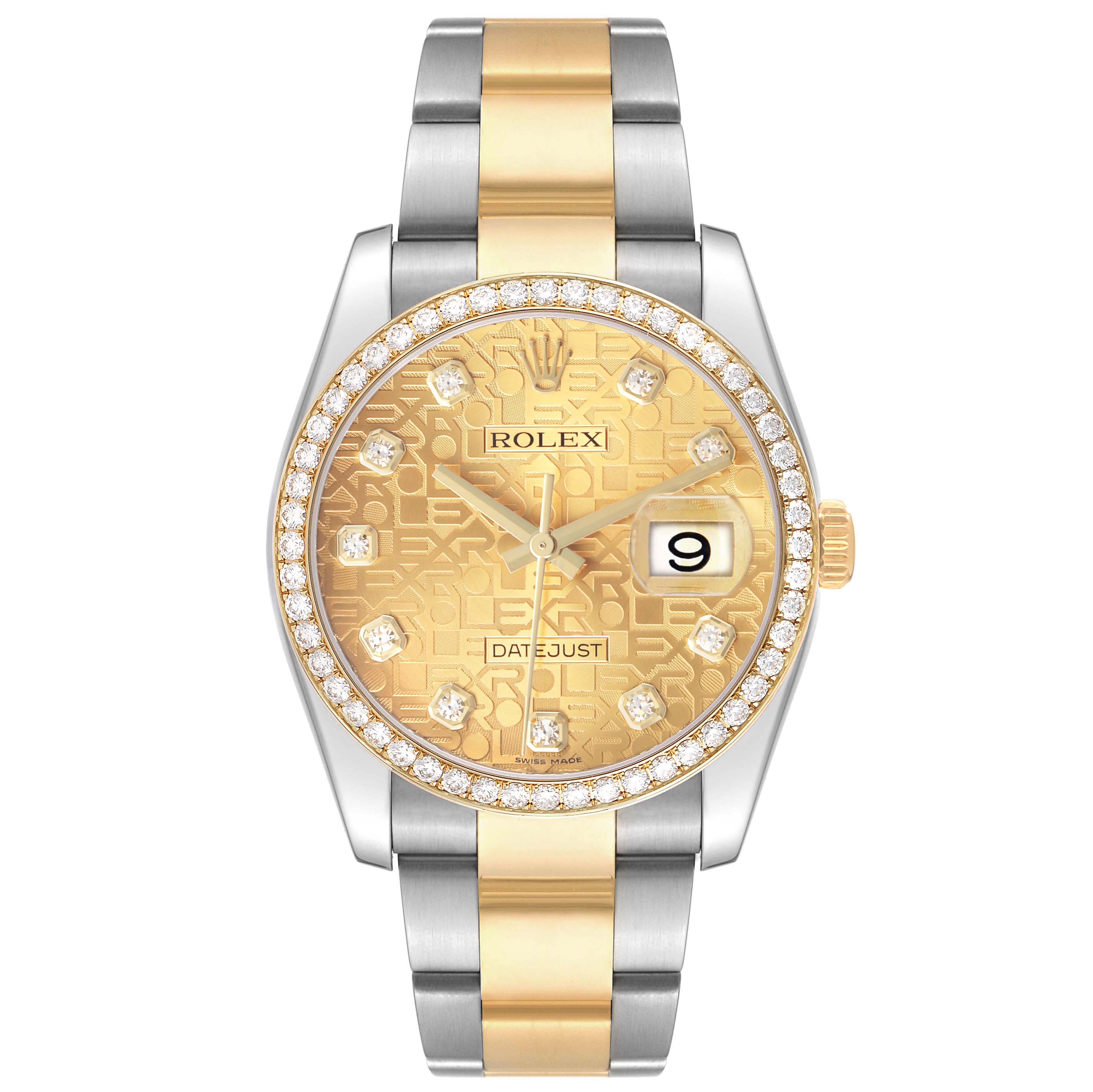 The Rolex Datejust 116243 Men's Steel and Gold (two tone) Champagne Dial is shown from a front angle, highlighting its gold and diamond-set bezel and bracelet.