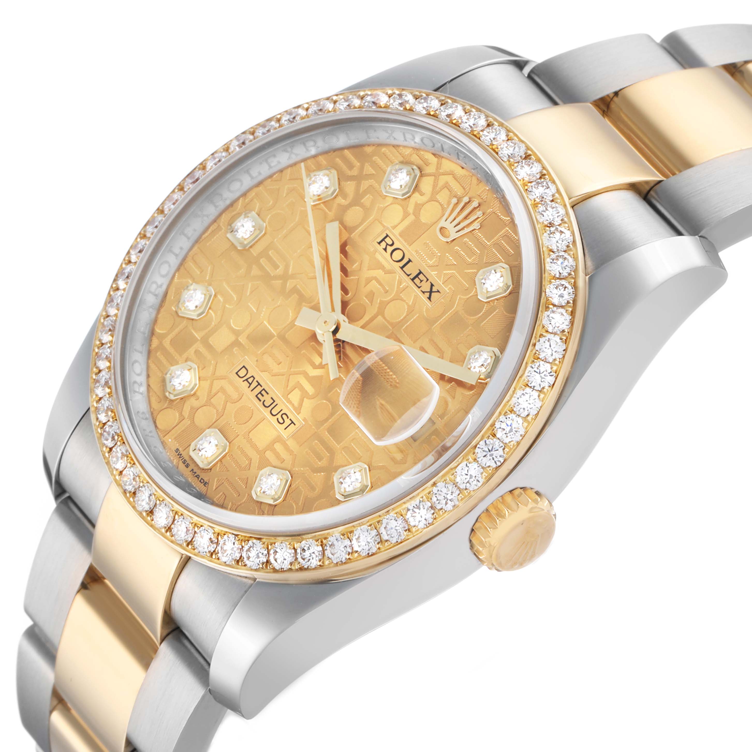 The Rolex Datejust 116243 Men's Steel and Gold (two tone) Champagne Dial watch is shown at an angled view, highlighting the dial, bezel, case, and part of the bracelet.