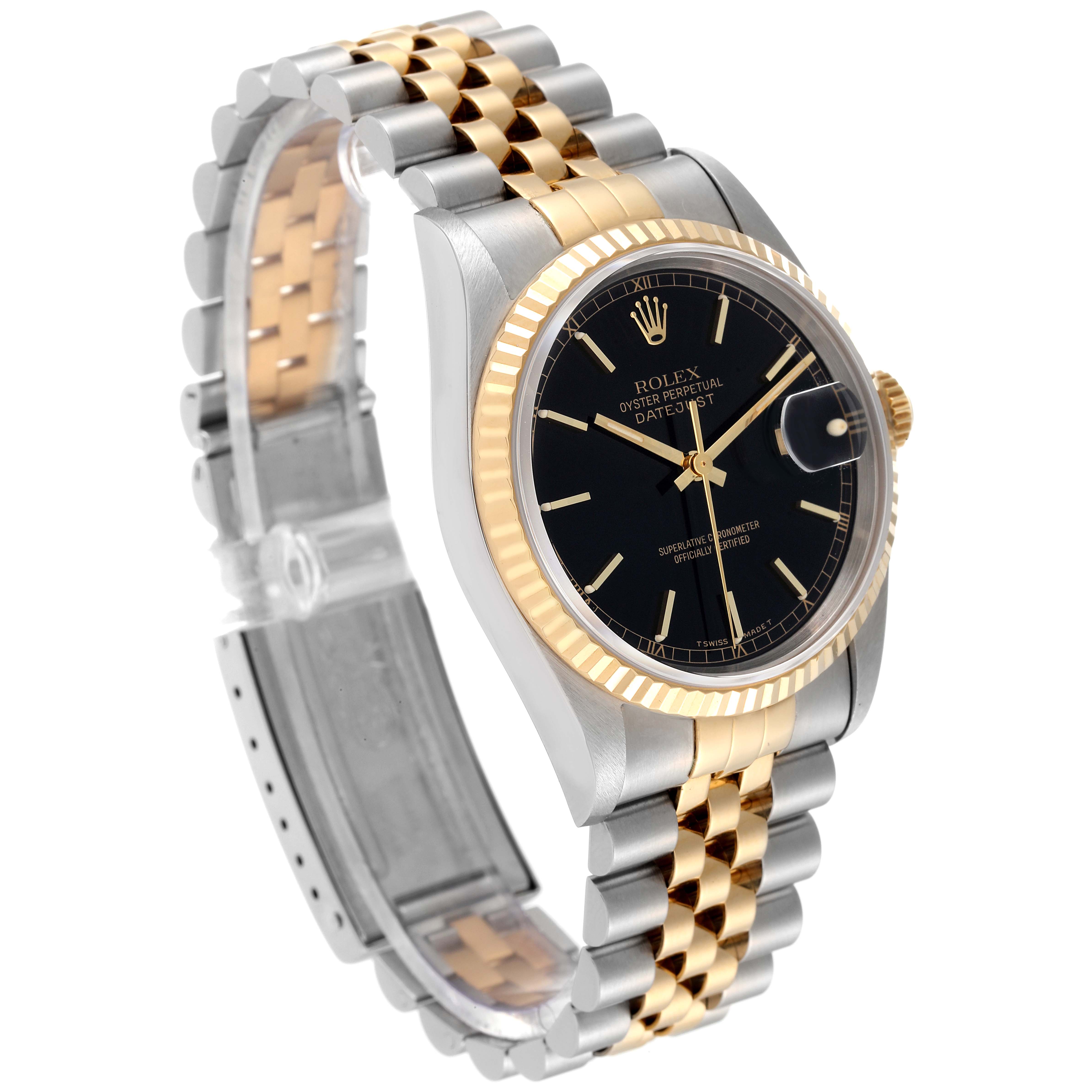 This image shows a side view of the Rolex Datejust 16233 Men's Steel and Gold (two tone) Black Dial 16233 Men's Steel and Gold (two tone) Black Dial watch displaying its two-tone bracelet, black dial, and fluted bezel.