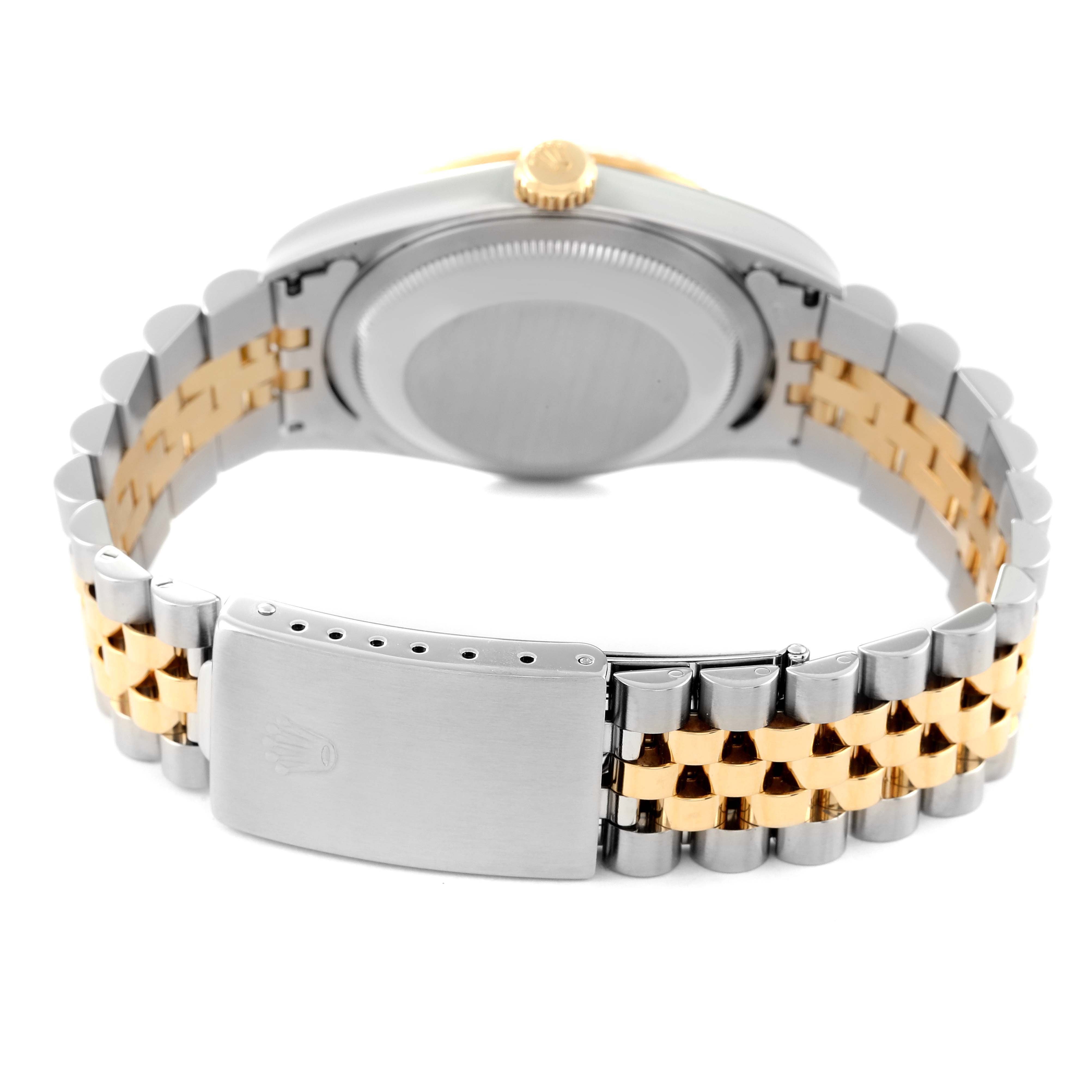 The image shows the back case and Jubilee bracelet of a Rolex Datejust 16233 Men's Steel and Gold (two tone) Black Dial 16233 Men's Steel and Gold (two tone) Black Dial watch, with a focus on the clasp and links.