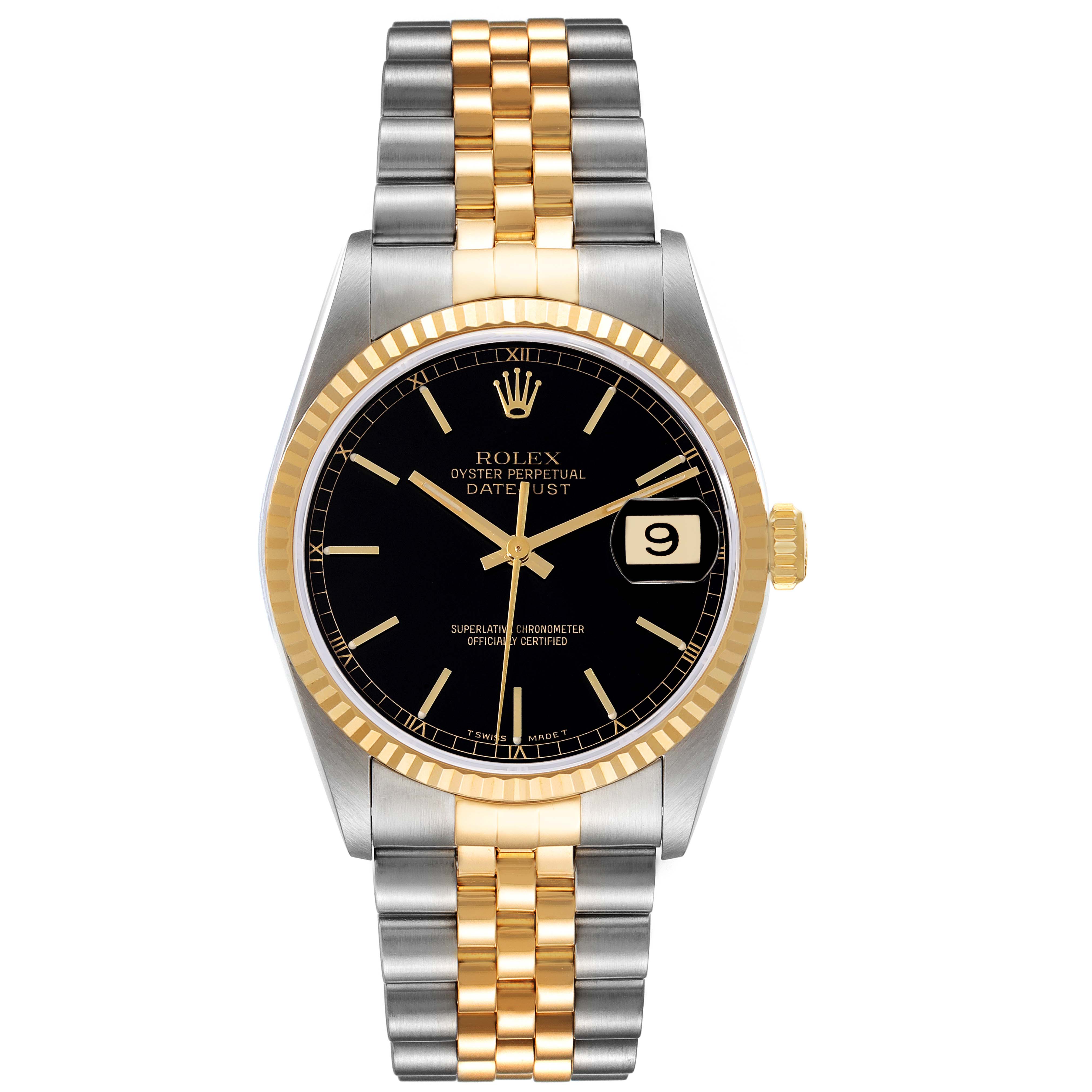 The image shows a front view of the Rolex Datejust 16233 Men's Steel and Gold (two tone) Black Dial 16233 Men's Steel and Gold (two tone) Black Dial watch, displaying the black dial, fluted bezel, and two-tone bracelet.