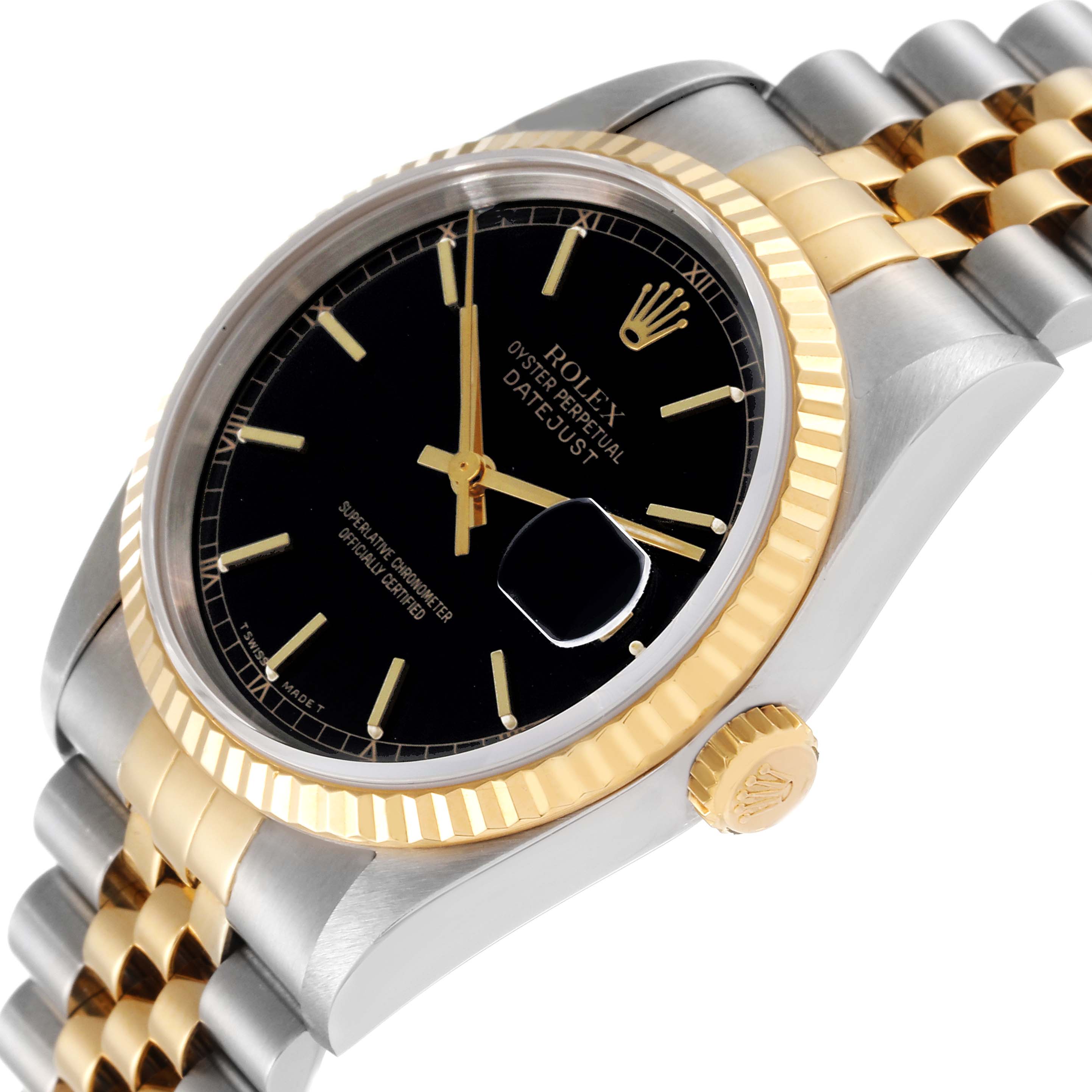 The Datejust Rolex watch is shown at an angled side view displaying its face, bezel, crown, and part of the bracelet.