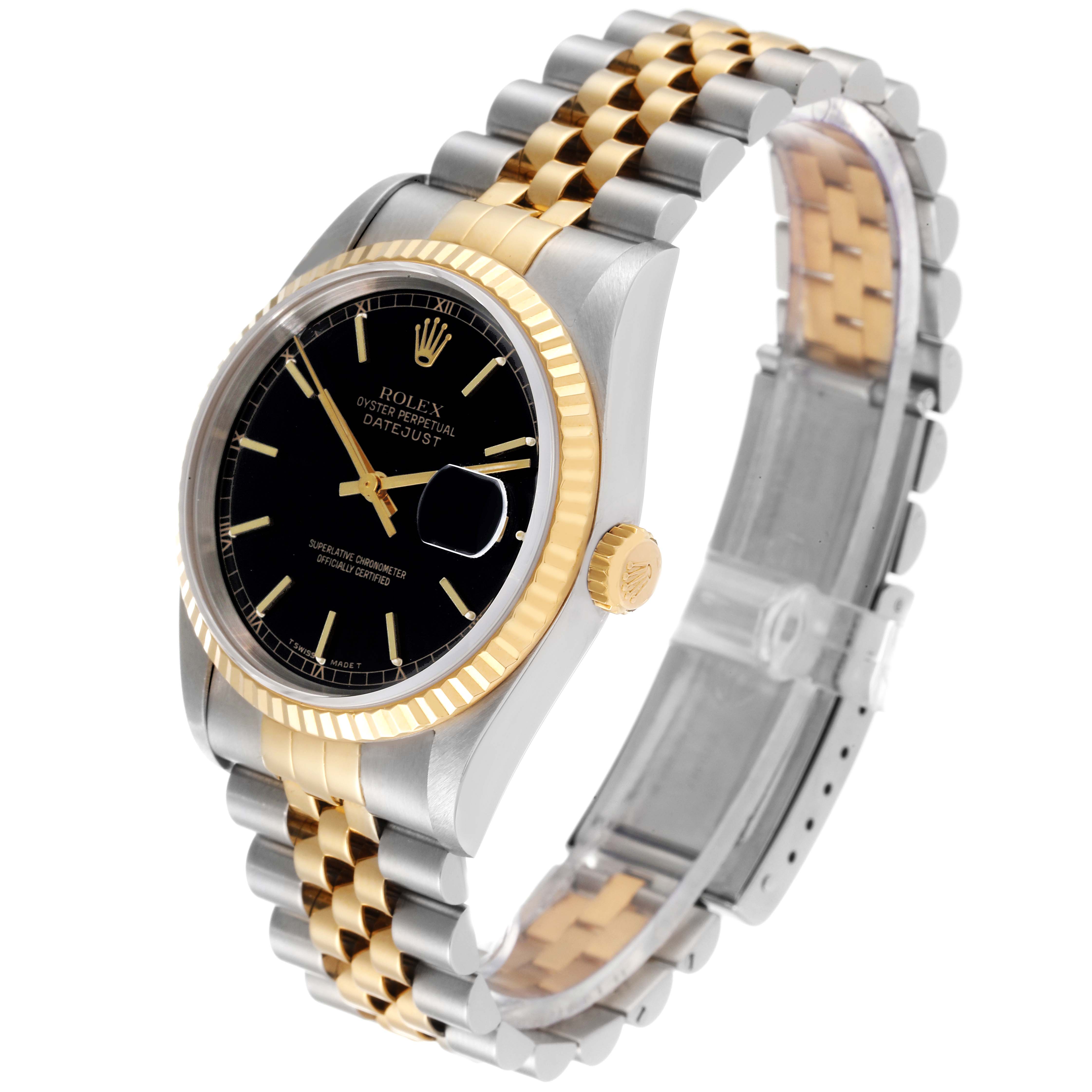 This image shows a Rolex Datejust 16233 Men's Steel and Gold (two tone) Black Dial 16233 Men's Steel and Gold (two tone) Black Dial watch at a three-quarter angle, displaying its two-tone bracelet, black dial, and fluted bezel.