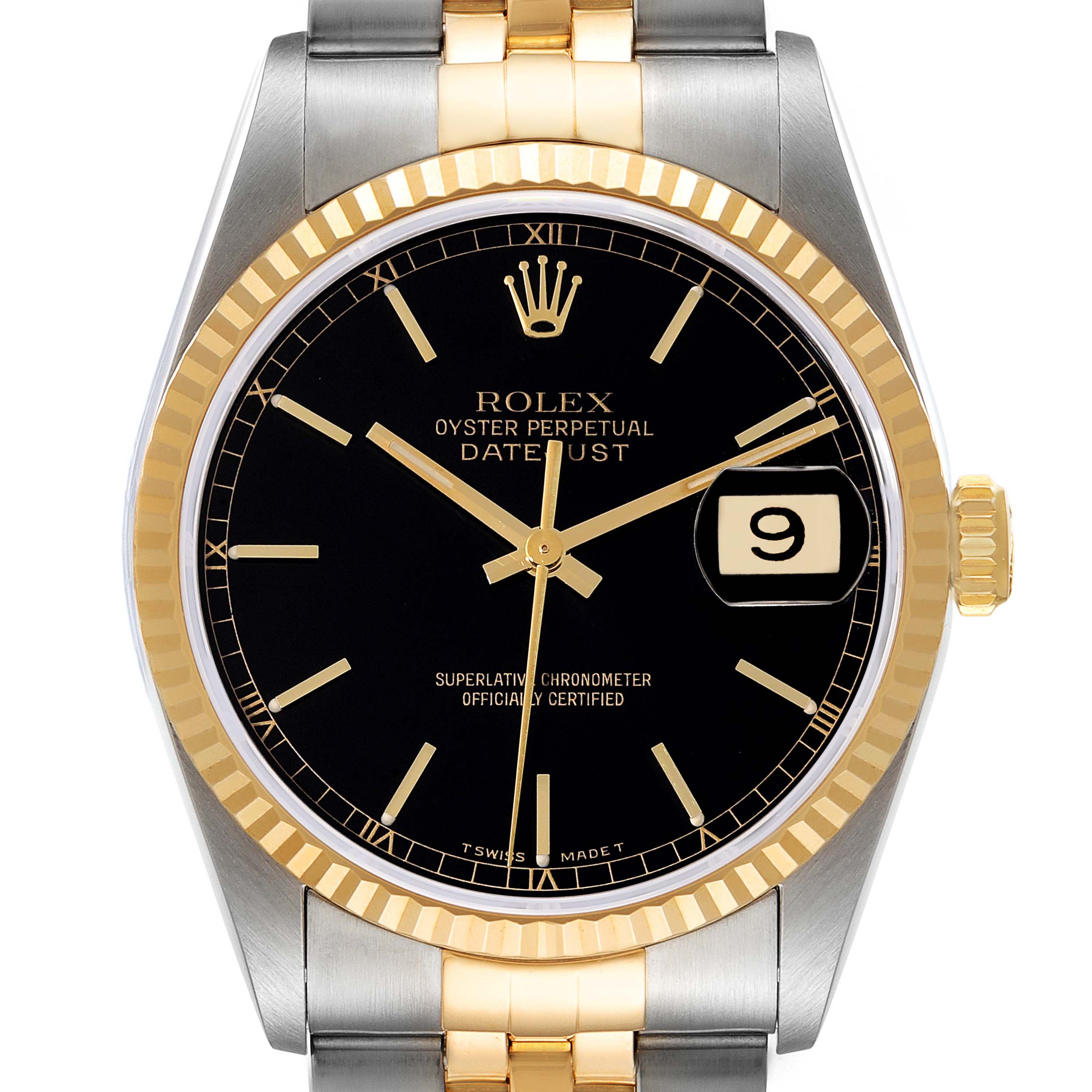 The image shows a front close-up of a Rolex Datejust 16233 Men's Steel and Gold (two tone) Black Dial 16233 Men's Steel and Gold (two tone) Black Dial watch, highlighting the black dial, gold hands, date window, and two-tone bracelet.