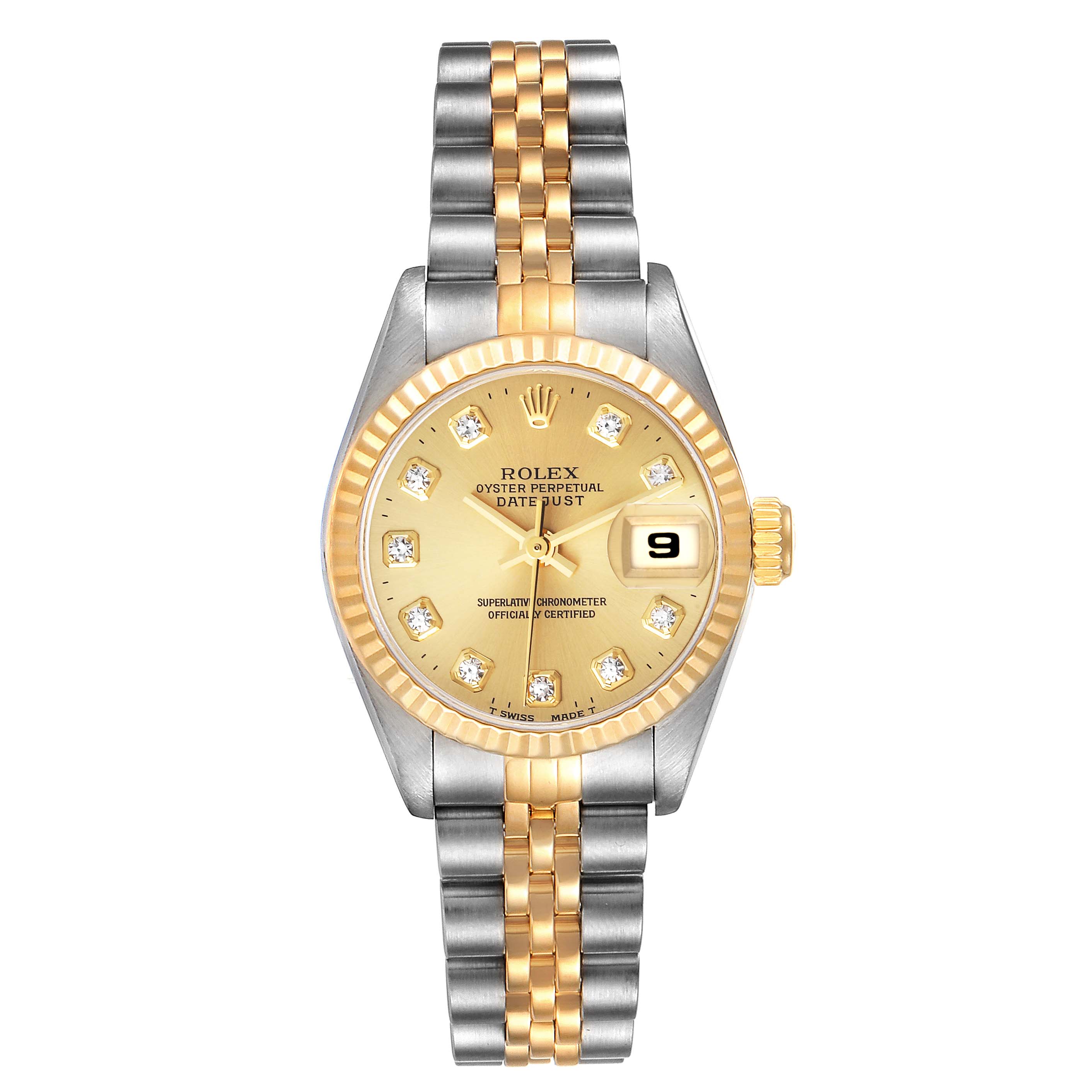 The Rolex Datejust 69173 Women's Steel and Gold (two tone) Champagne Dial 69173 Women's Steel and Gold (two tone) Champagne Dial watch is shown from a front angle, displaying its face, bezel, and two-tone bracelet.