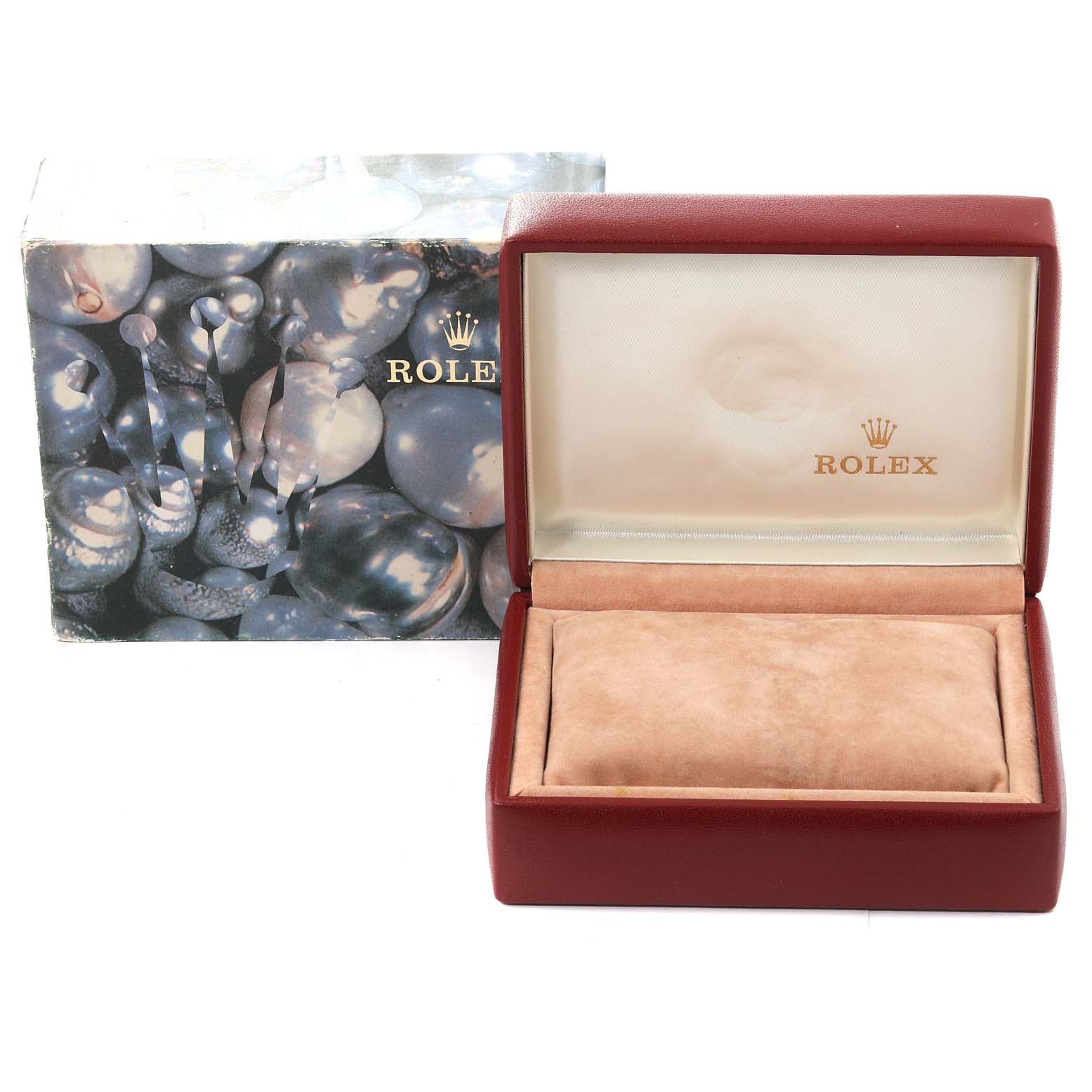 The image shows a Rolex Datejust 69173 Women's Steel and Gold (two tone) Champagne Dial 69173 Women's Steel and Gold (two tone) Champagne Dial watch box and outer packaging, with the box open revealing the interior cushion.