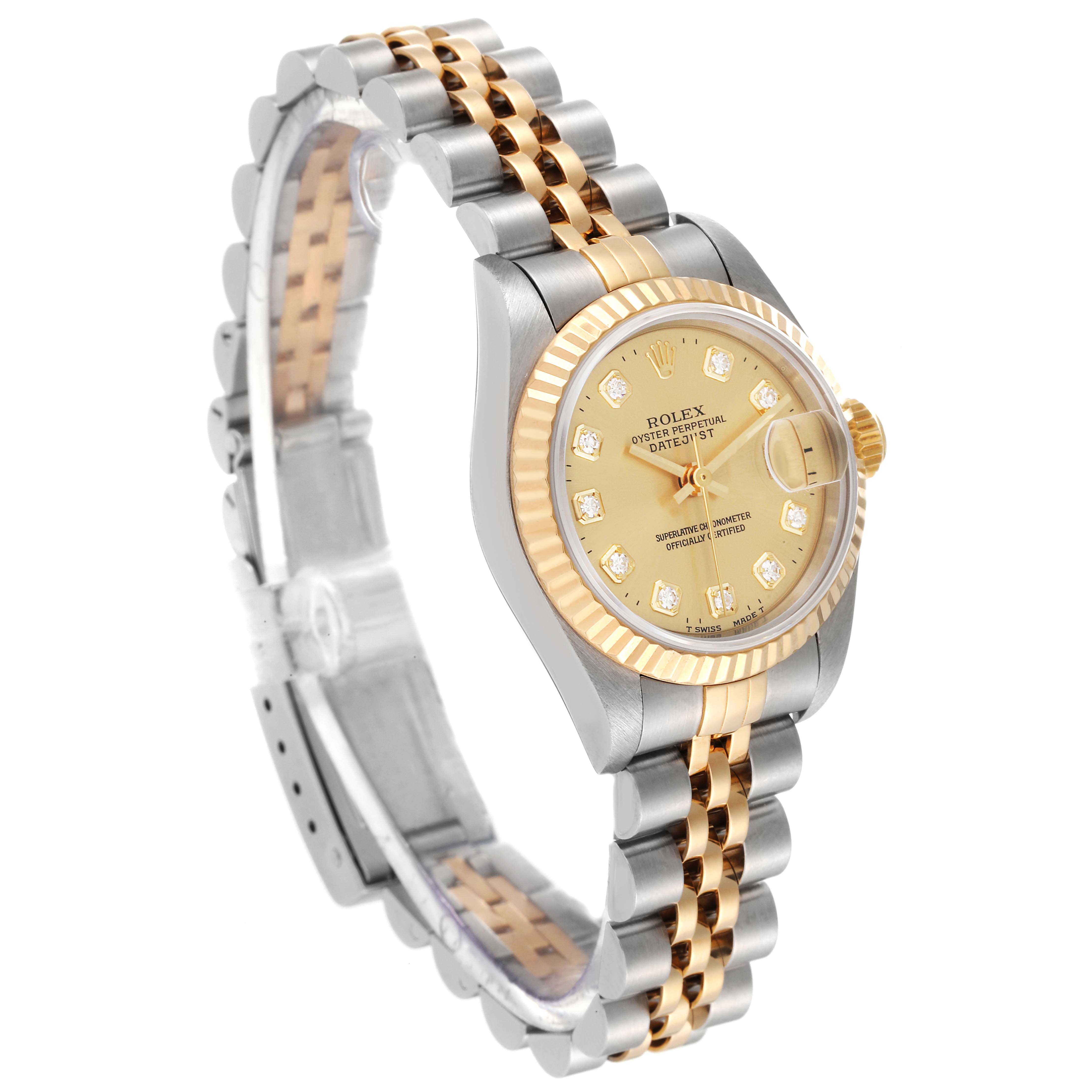 The Rolex Datejust 69173 Women's Steel and Gold (two tone) Champagne Dial 69173 Women's Steel and Gold (two tone) Champagne Dial watch is shown at an angled side view, highlighting the dial, crown, and two-tone Jubilee bracelet.