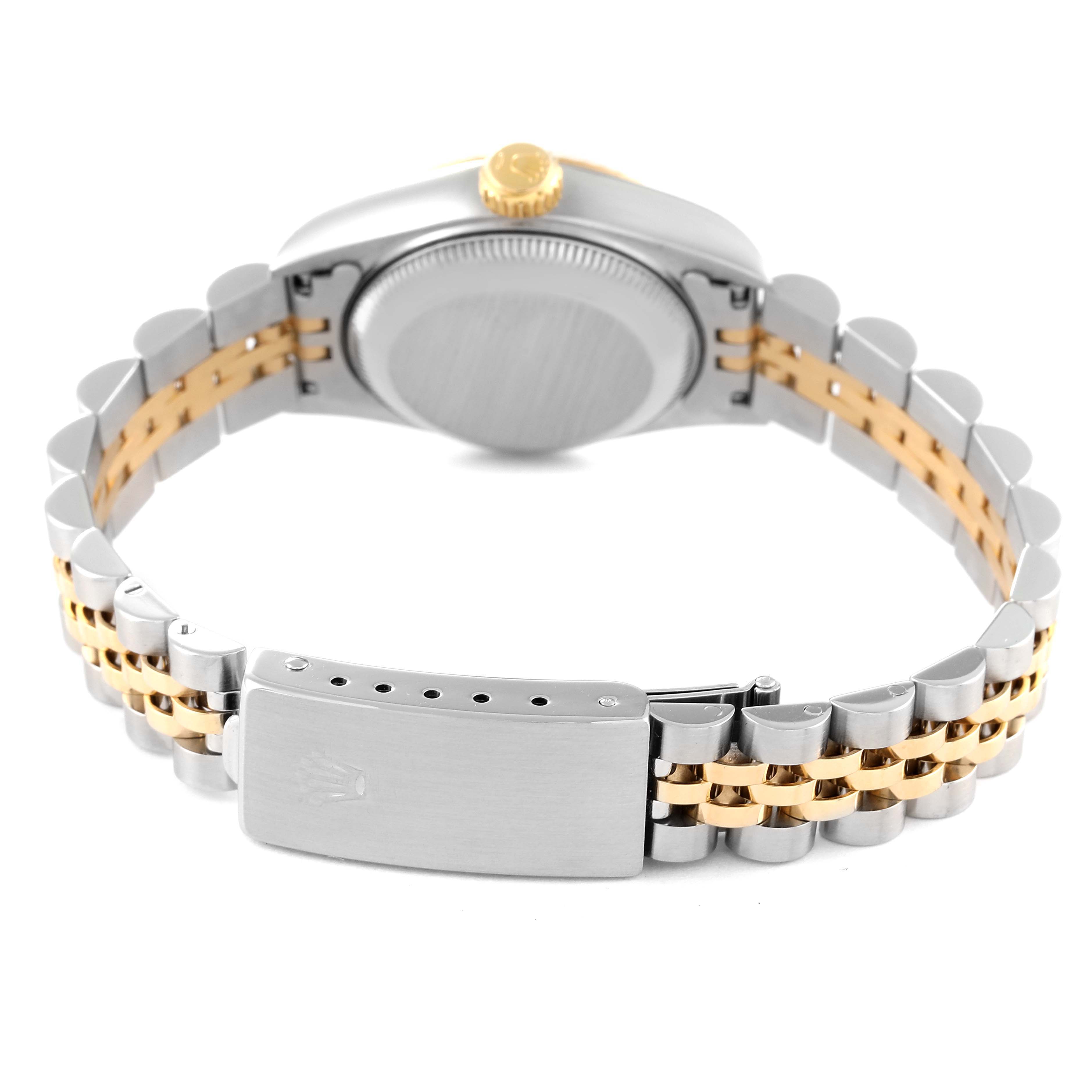 The image shows the back of a Rolex Datejust 69173 Women's Steel and Gold (two tone) Champagne Dial 69173 Women's Steel and Gold (two tone) Champagne Dial watch, highlighting the case back, two-tone Jubilee bracelet, and the clasp.