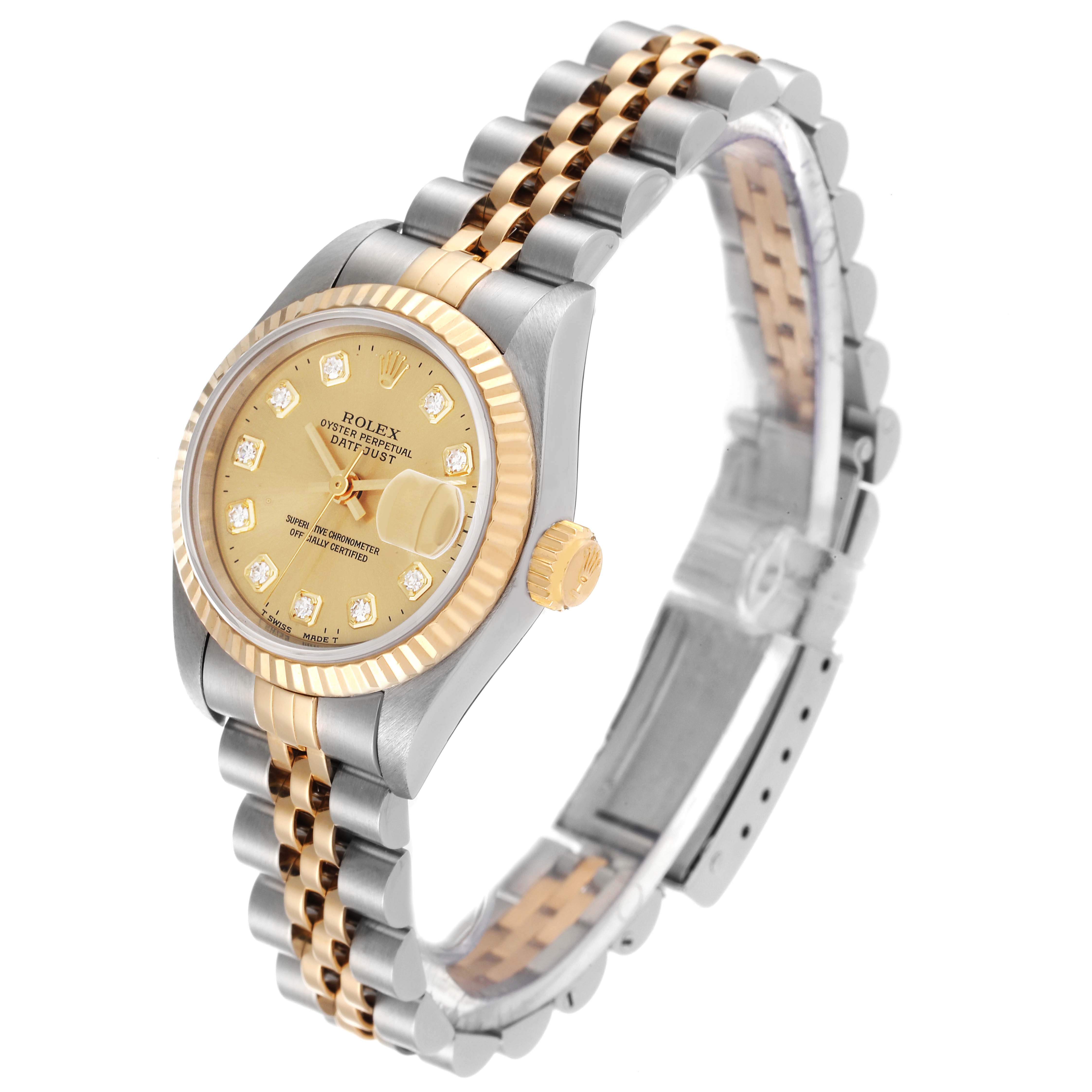 The image shows a side angle of a Rolex Datejust 69173 Women's Steel and Gold (two tone) Champagne Dial 69173 Women's Steel and Gold (two tone) Champagne Dial watch, highlighting its gold and silver band, dial, and fluted bezel.