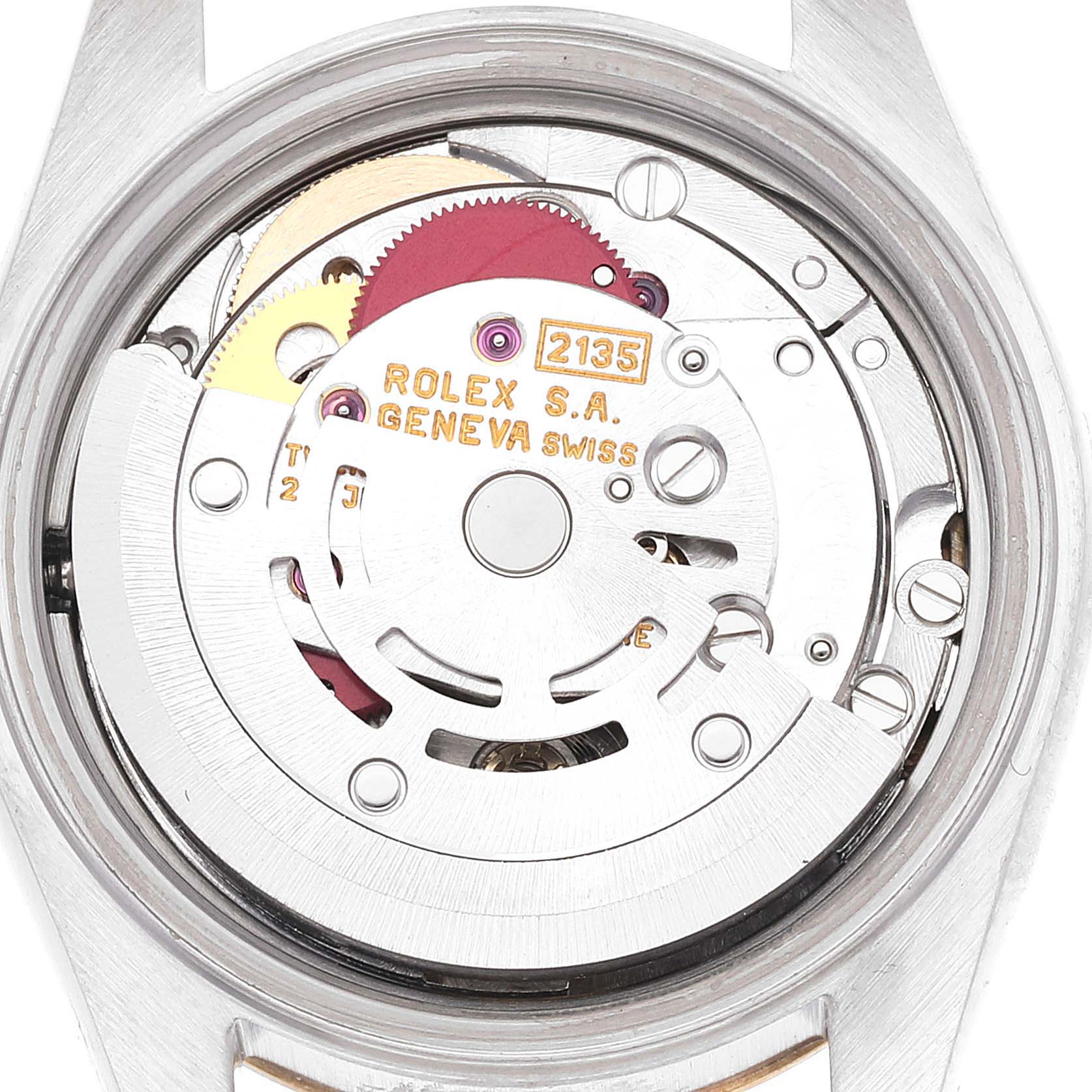 The image shows the internal mechanism of a Rolex Datejust 69173 Women's Steel and Gold (two tone) Champagne Dial 69173 Women's Steel and Gold (two tone) Champagne Dial watch, viewed from the back angle with the case opened.