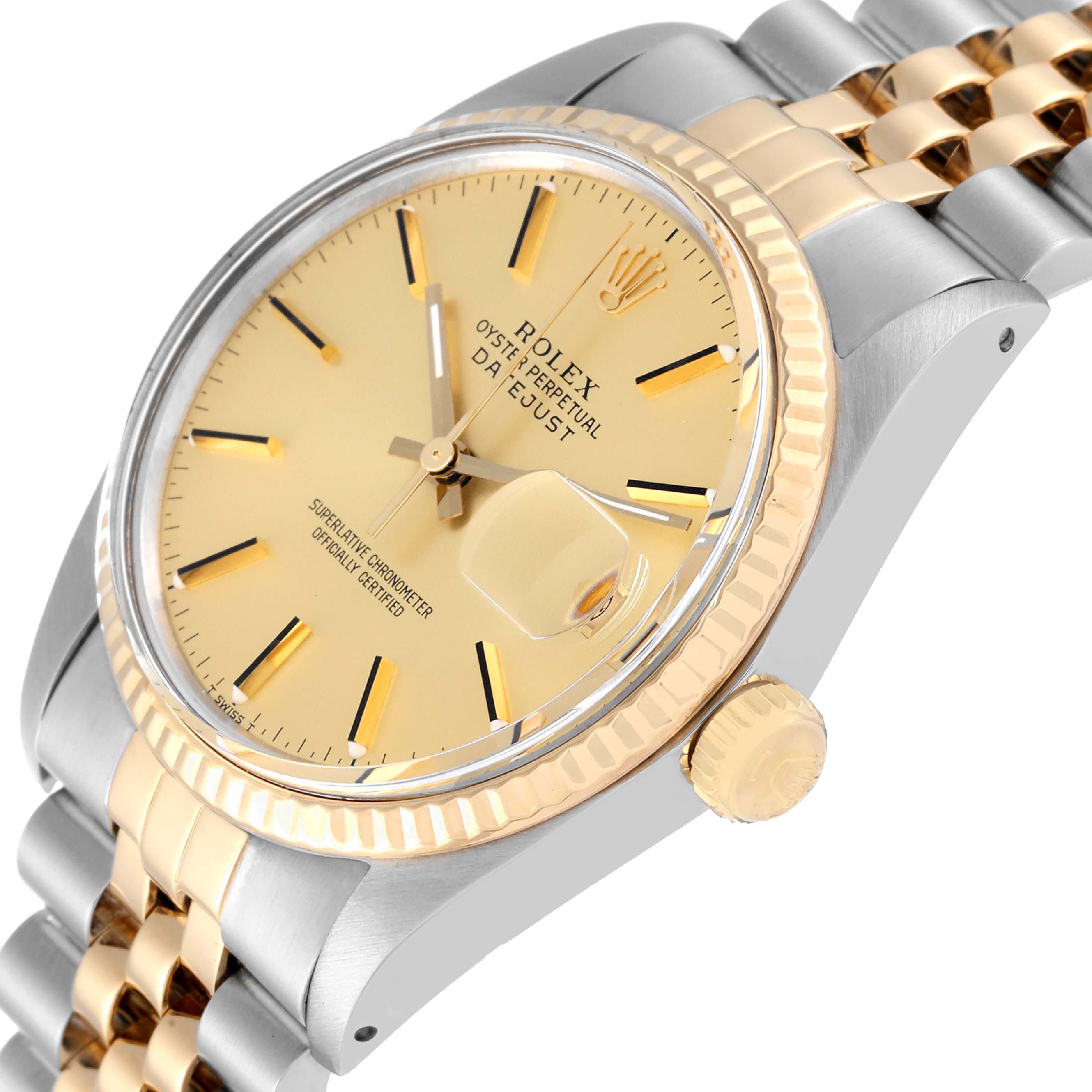 The image shows a side angle of the Rolex Vintage Collection 16013 Men's Steel and Gold (two tone) Champagne Dial 16013 Men's Steel and Gold (two tone) Champagne Dial model, highlighting the dial, bezel, crown, and part of the bracelet.