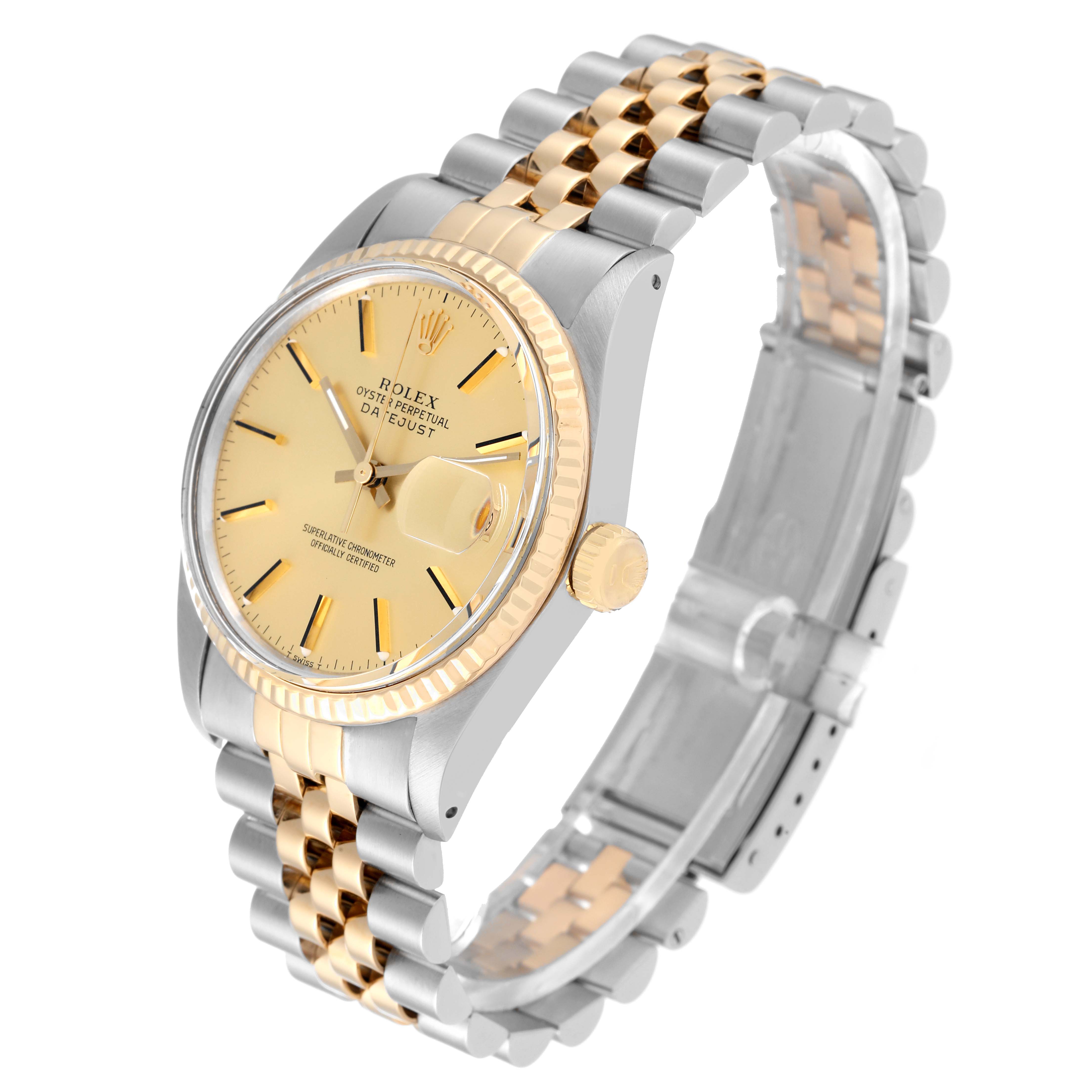 This image shows a Rolex Vintage Collection 16013 Men's Steel and Gold (two tone) Champagne Dial 16013 Men's Steel and Gold (two tone) Champagne Dial watch from a front-side angle, featuring its gold and silver bracelet, bezel, and dial.