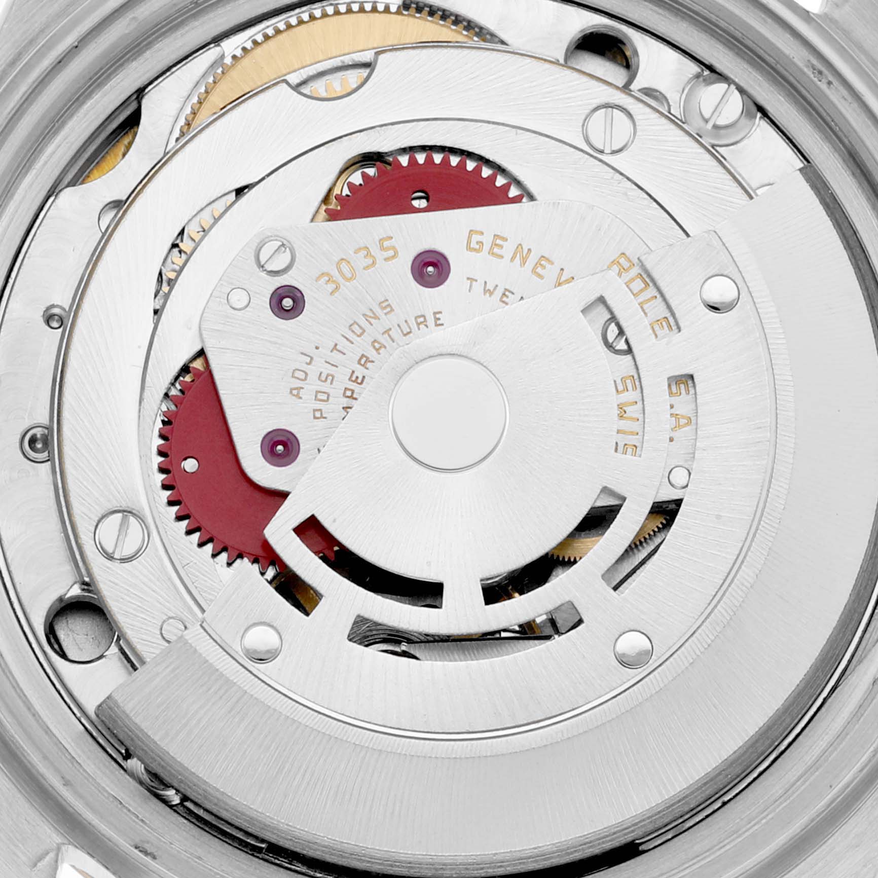 This close-up image shows the intricate mechanical movement inside a Rolex Vintage Collection 16013 Men's Steel and Gold (two tone) Champagne Dial 16013 Men's Steel and Gold (two tone) Champagne Dial model watch.