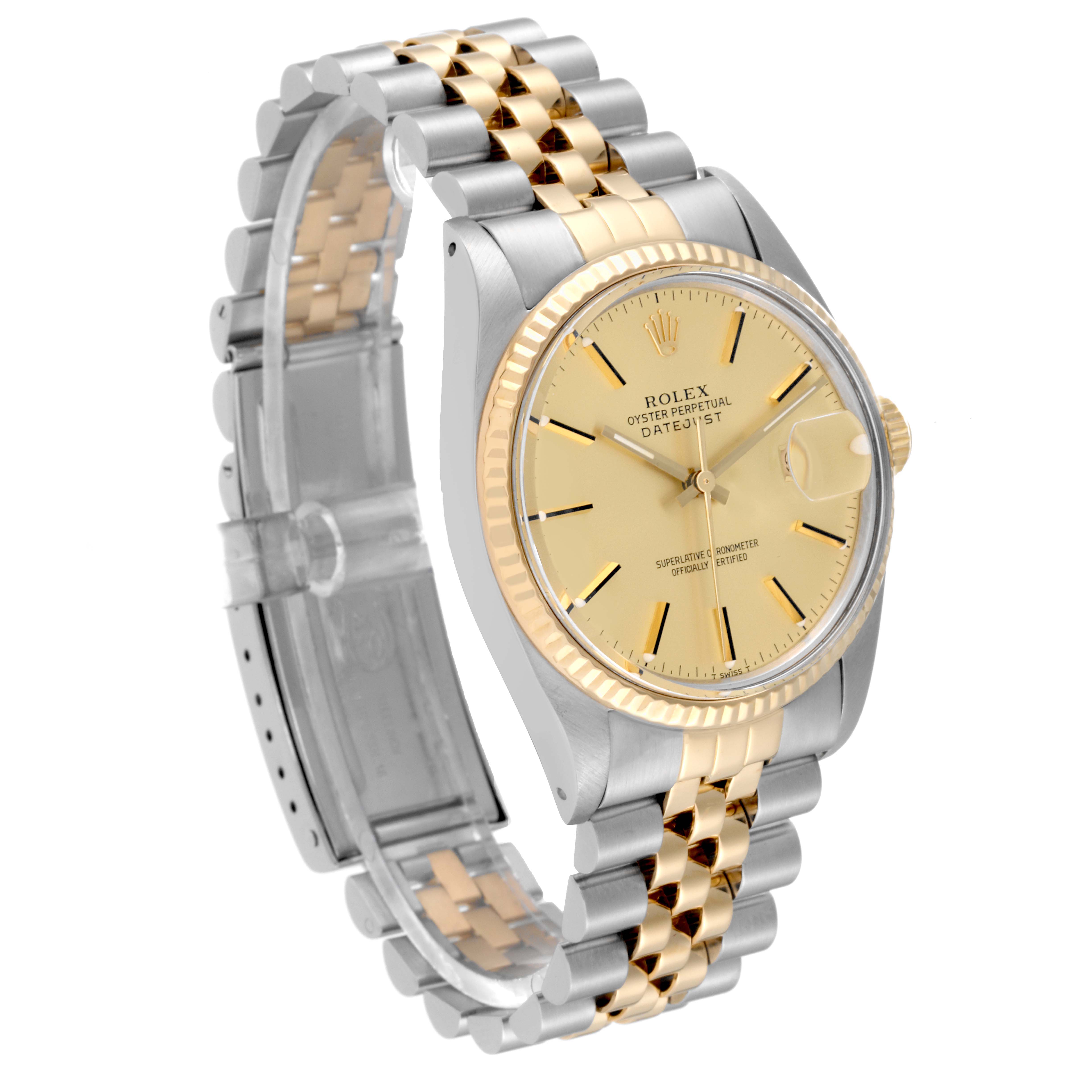 The image shows a Rolex Vintage Collection 16013 Men's Steel and Gold (two tone) Champagne Dial 16013 Men's Steel and Gold (two tone) Champagne Dial Datejust watch at a three-quarter angle, highlighting the two-tone bracelet and gold dial.