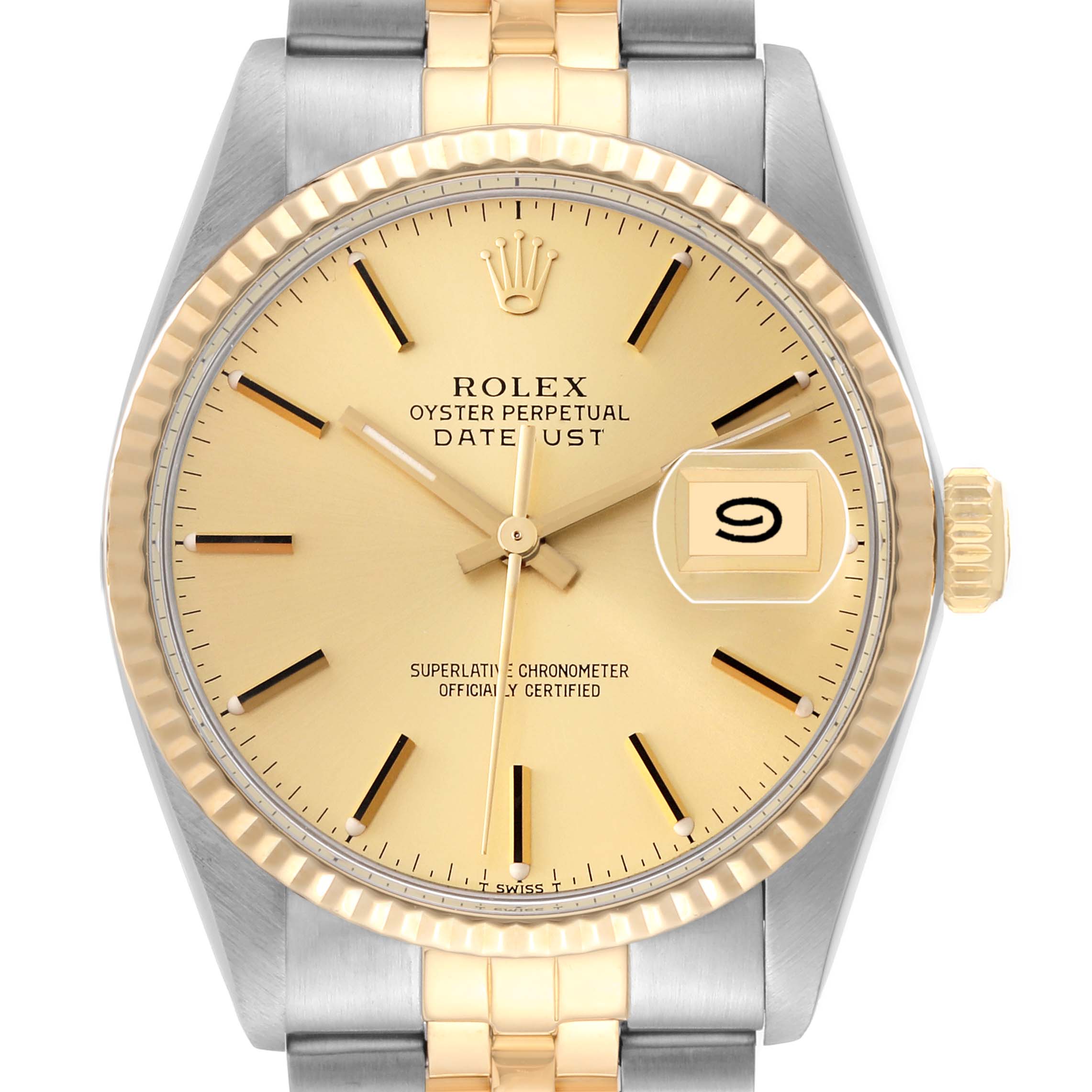 The Rolex Vintage Collection 16013 Men's Steel and Gold (two tone) Champagne Dial 16013 Men's Steel and Gold (two tone) Champagne Dial model watch is shown from the front, highlighting the dial, bezel, hands, date window, and part of the bracelet.