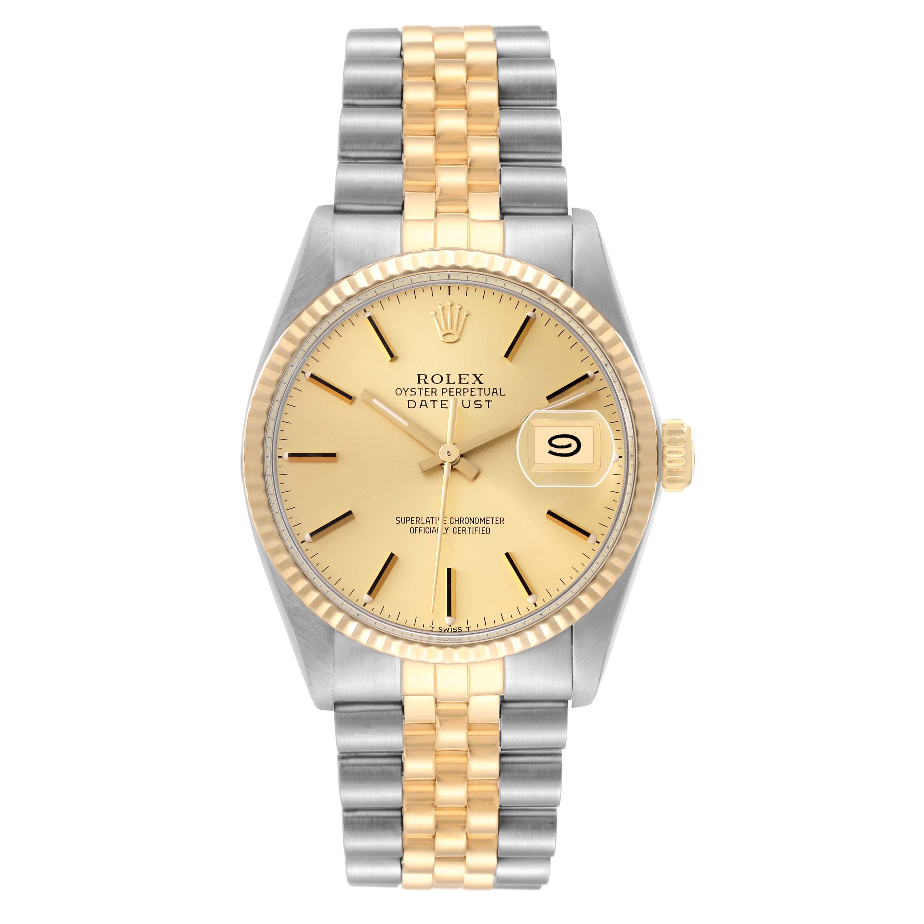 The image shows a front view of a Rolex Vintage Collection 16013 Men's Steel and Gold (two tone) Champagne Dial 16013 Men's Steel and Gold (two tone) Champagne Dial Oyster Perpetual Datejust with a two-tone bracelet and a gold dial.