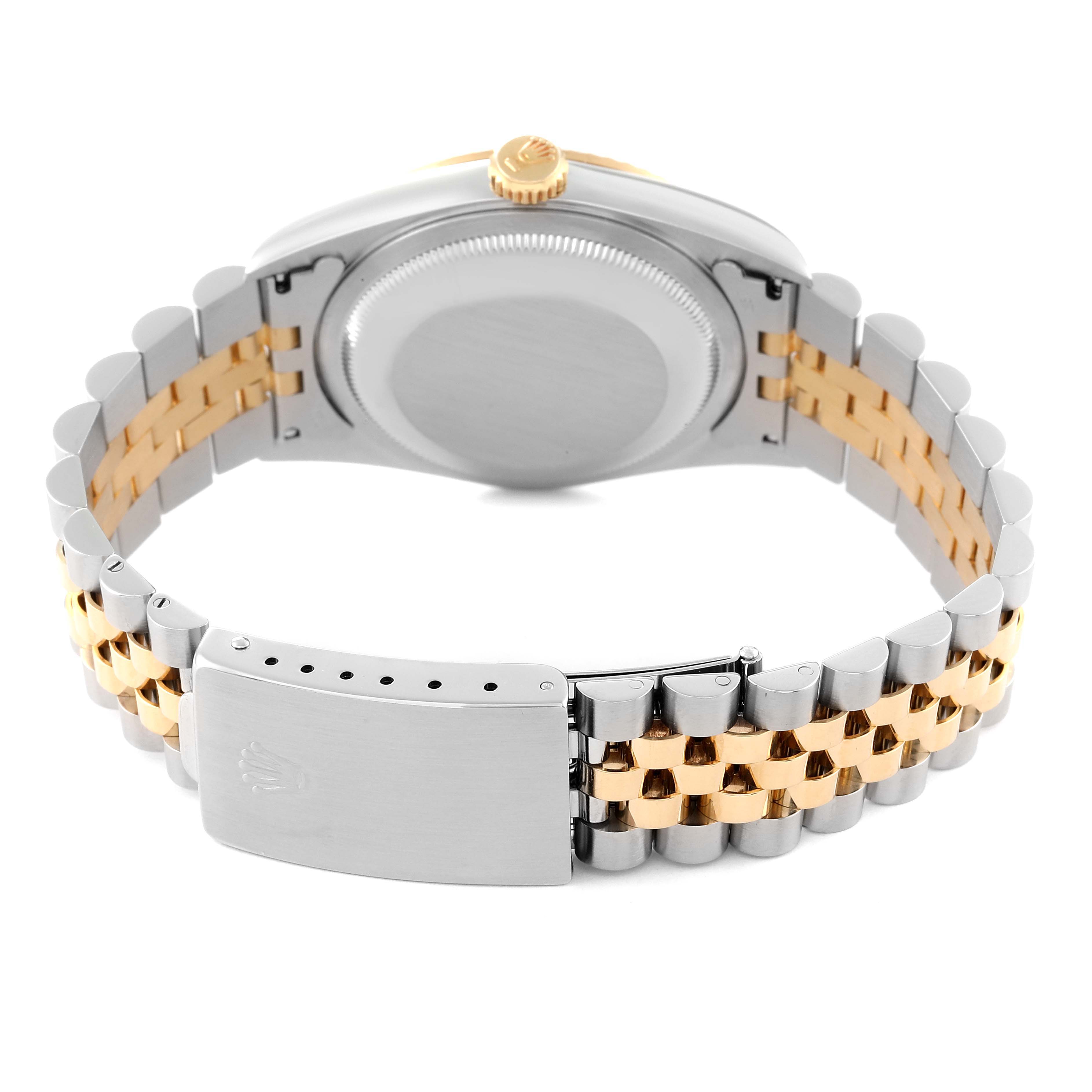 The image shows the back case and bracelet of a Rolex Datejust 16233 Men's Steel and Gold (two tone) White Dial 16233 Men's Steel and Gold (two tone) White Dial watch, highlighting the two-tone metal links and clasp.