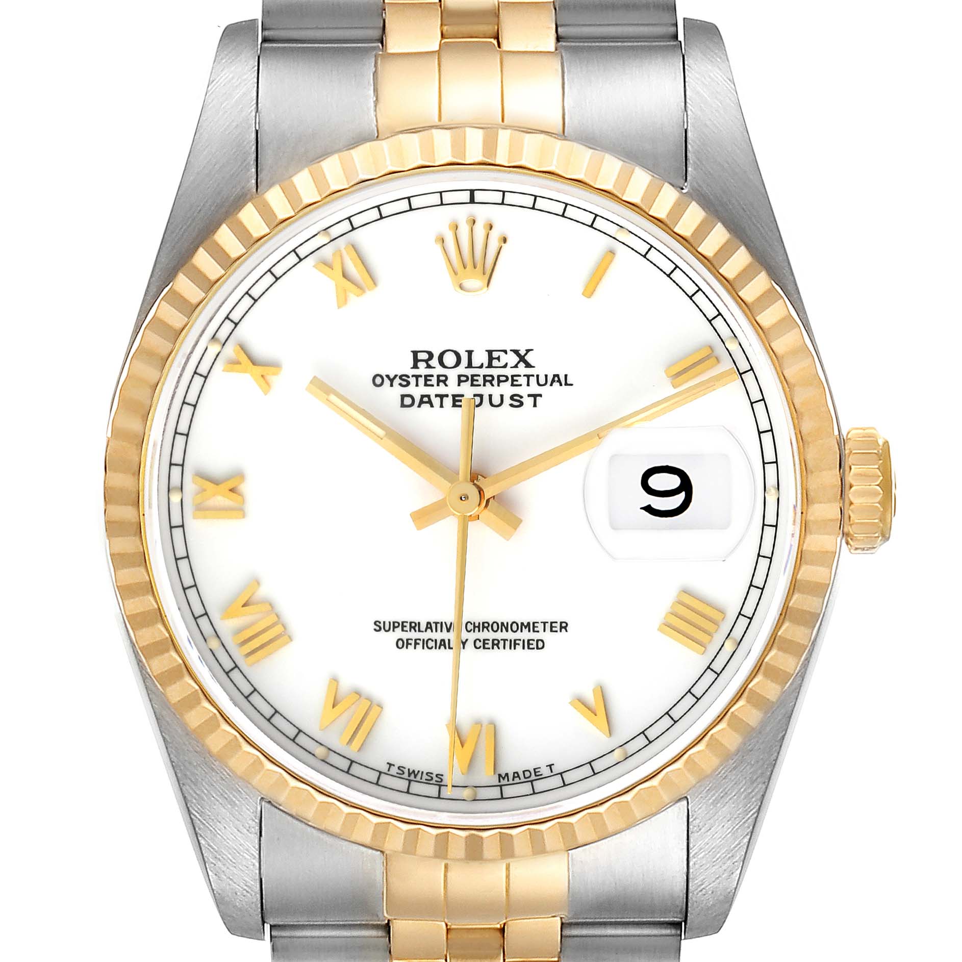 The image shows a front view of a Rolex Datejust 16233 Men's Steel and Gold (two tone) White Dial 16233 Men's Steel and Gold (two tone) White Dial watch featuring a two-tone gold and silver design, a white dial, and a fluted bezel.