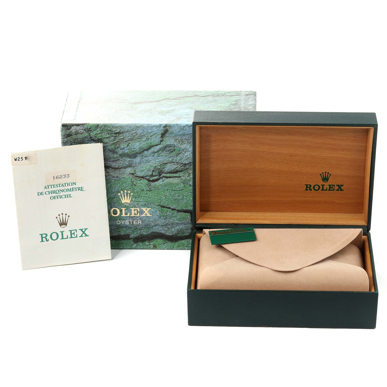 The image shows the packaging and certification for a Rolex Datejust 16233 Men's Steel and Gold (two tone) White Dial 16233 Men's Steel and Gold (two tone) White Dial watch, including the box and papers.