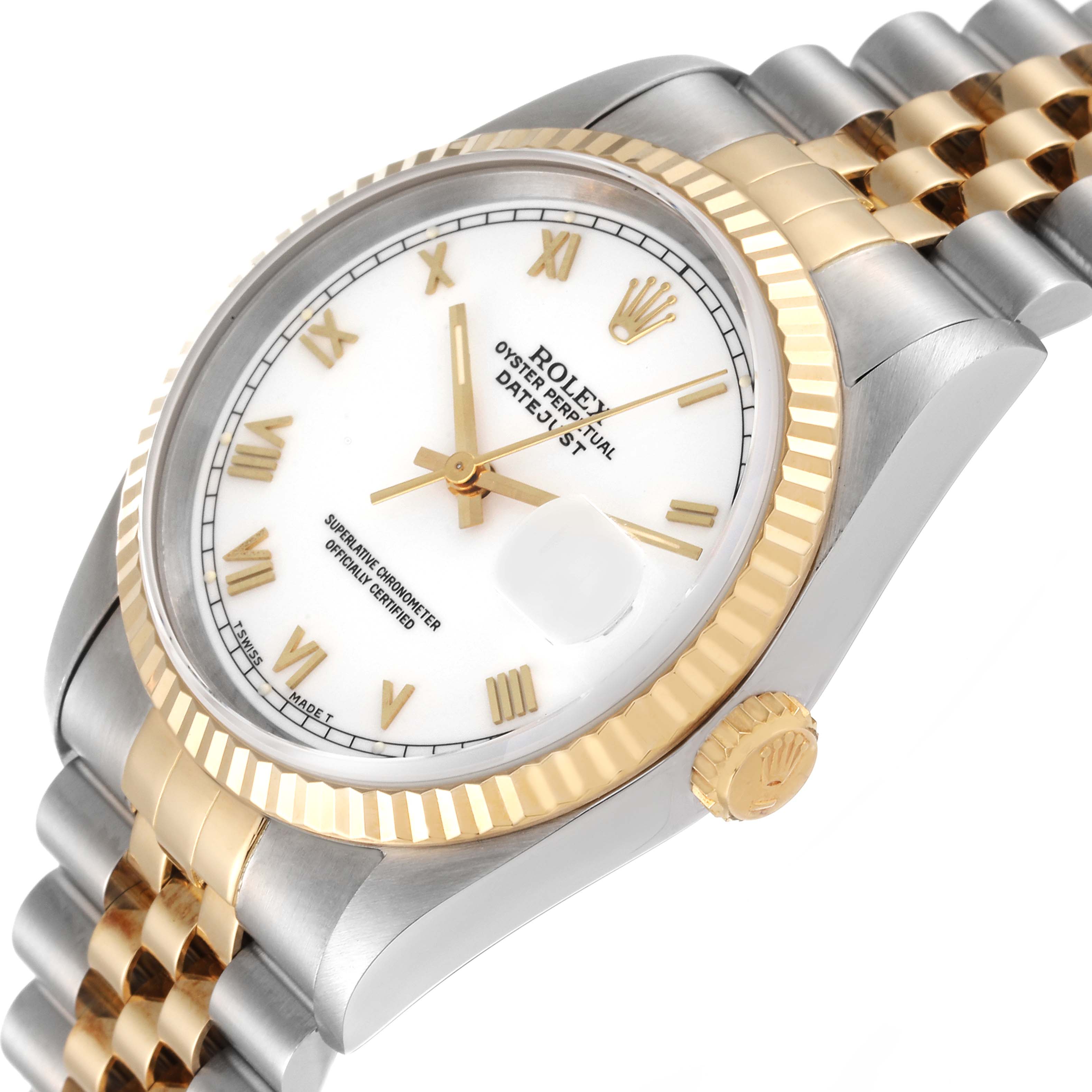 The image shows a Rolex Datejust 16233 Men's Steel and Gold (two tone) White Dial 16233 Men's Steel and Gold (two tone) White Dial watch at an oblique angle, featuring its white dial, gold fluted bezel, and two-tone bracelet.