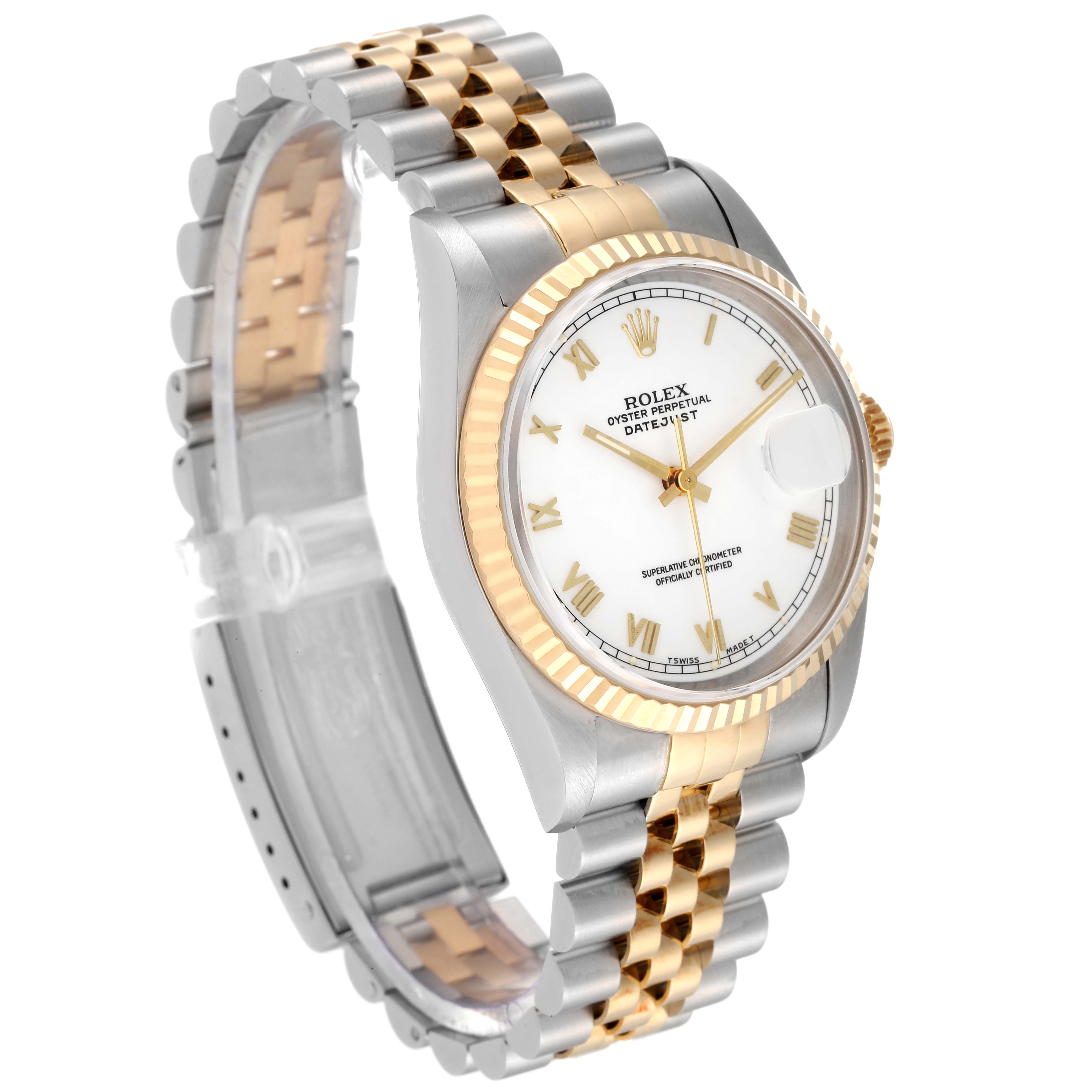 This image shows a Rolex Datejust 16233 Men's Steel and Gold (two tone) White Dial 16233 Men's Steel and Gold (two tone) White Dial watch at an angle highlighting the face, bezel, and Jubilee bracelet.