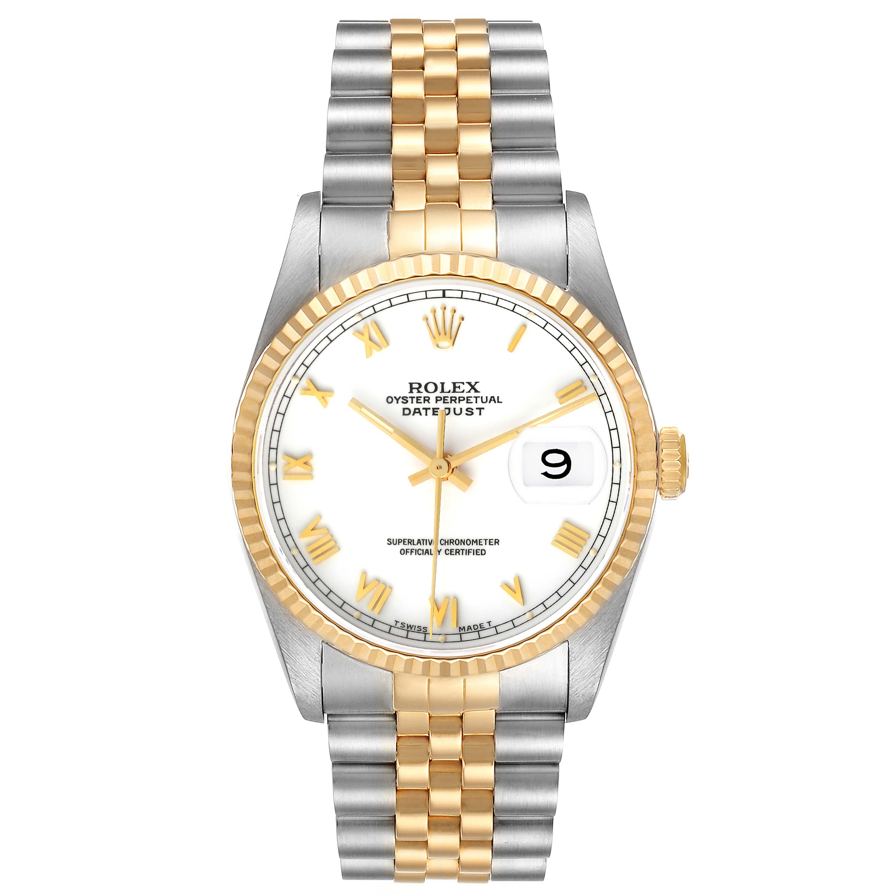 The image shows a Rolex Datejust 16233 Men's Steel and Gold (two tone) White Dial 16233 Men's Steel and Gold (two tone) White Dial watch from a front angle, highlighting its face, bezel, dial, and two-tone bracelet.