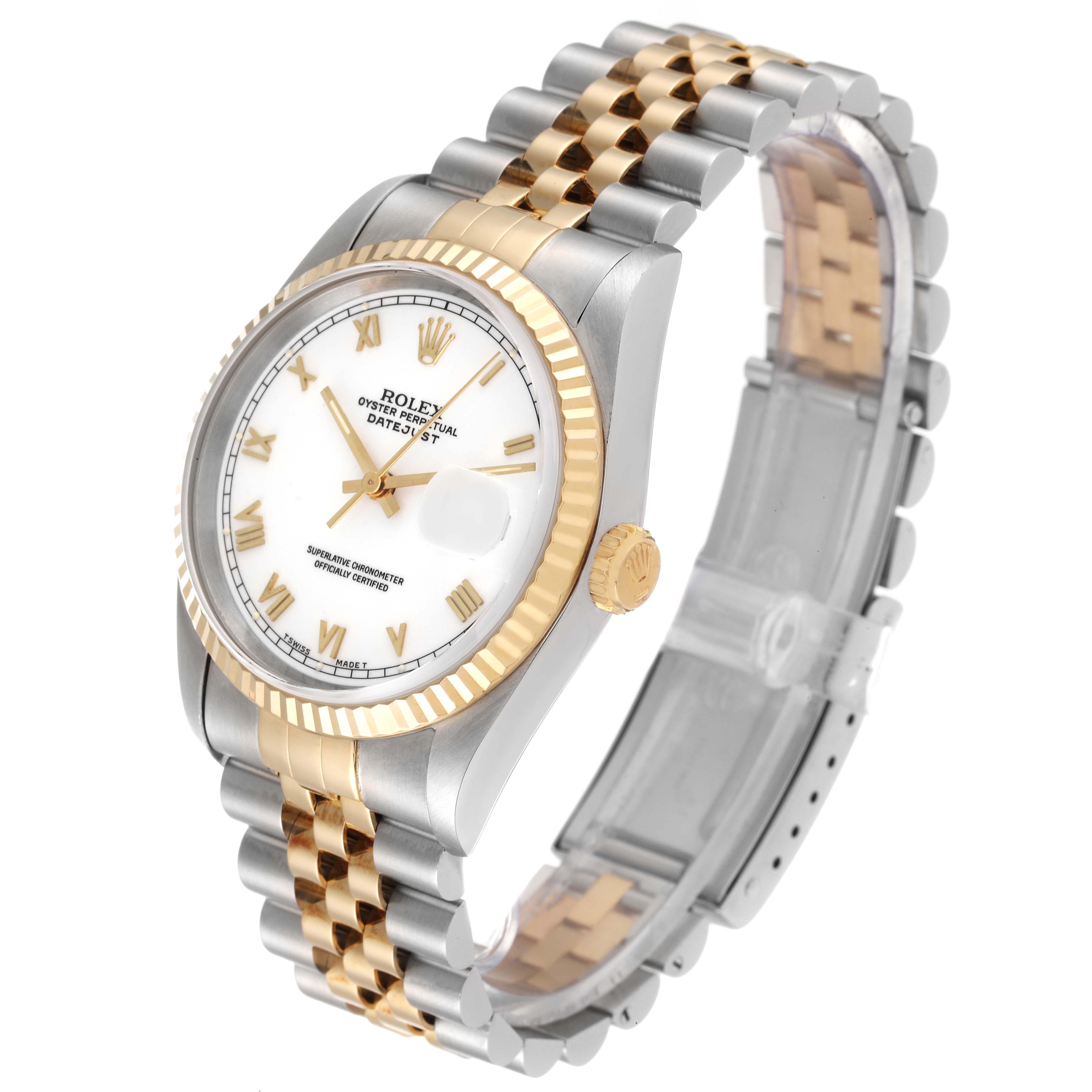 The image shows a Rolex Datejust 16233 Men's Steel and Gold (two tone) White Dial 16233 Men's Steel and Gold (two tone) White Dial watch from a three-quarter angle, highlighting the gold fluted bezel, white dial, and two-tone bracelet.