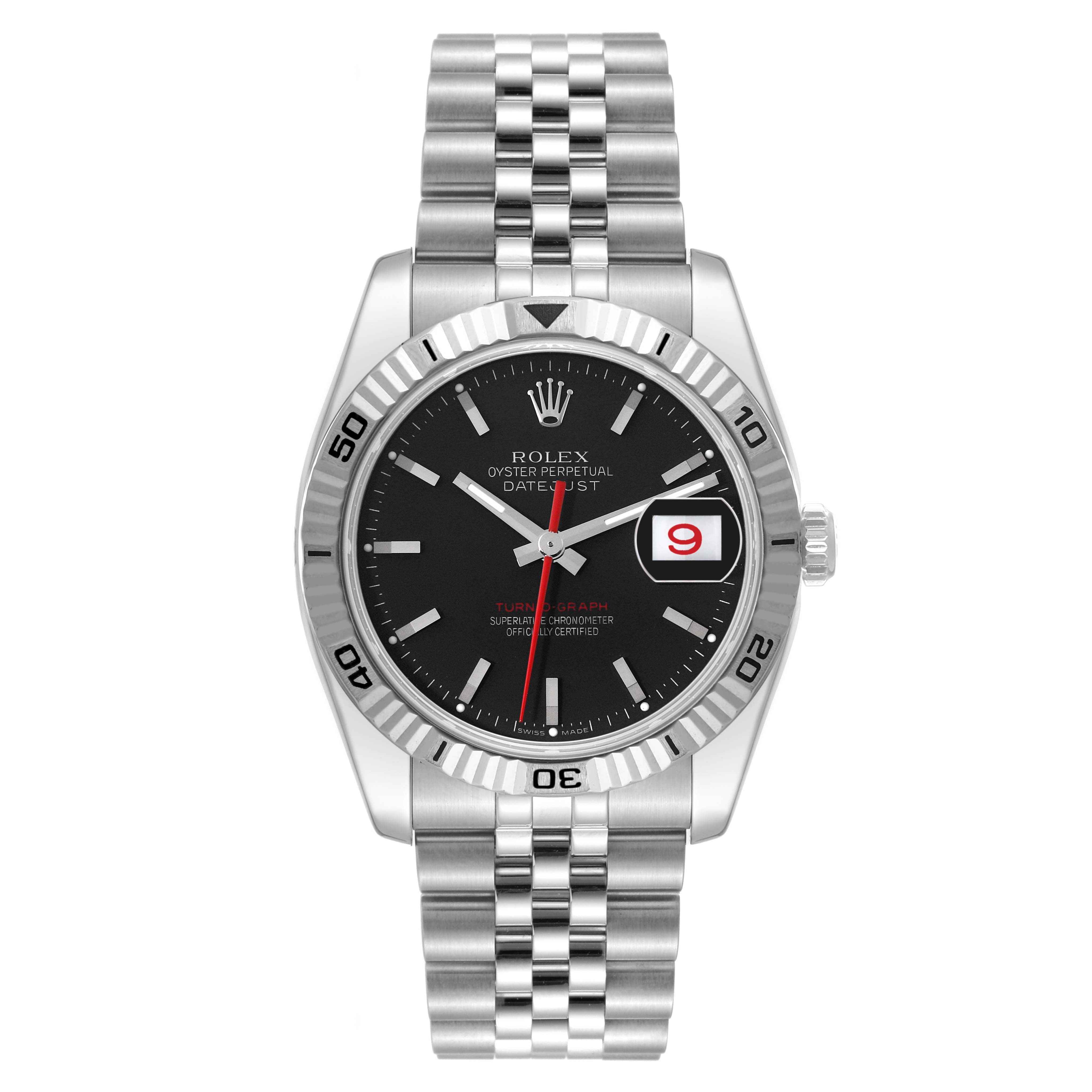 The image shows a front view of a Rolex Turn-o-Graph 116264 Men's Stainless Steel Black Dial 116264 Men's Stainless Steel Black Dial watch, displaying its dial, bezel, and bracelet.