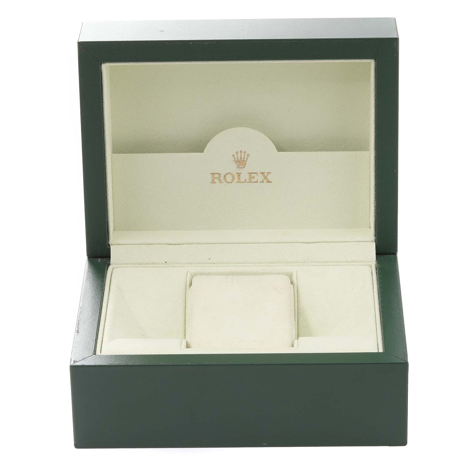 The image shows an open green and beige Rolex box designed for the Turn-o-Graph model watch.