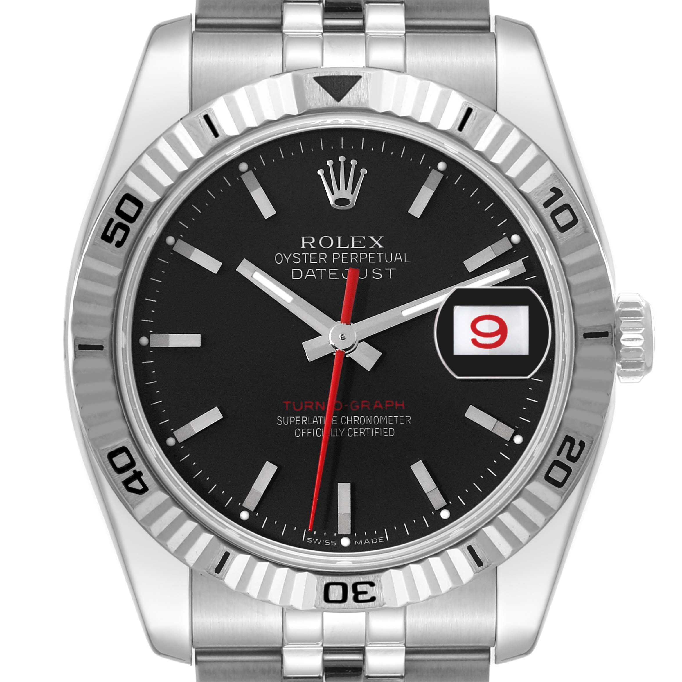 This image shows the Rolex Turn-o-Graph 116264 Men's Stainless Steel Black Dial 116264 Men's Stainless Steel Black Dial model watch from a front angle, highlighting the dial, bezel, date display, and bracelet.