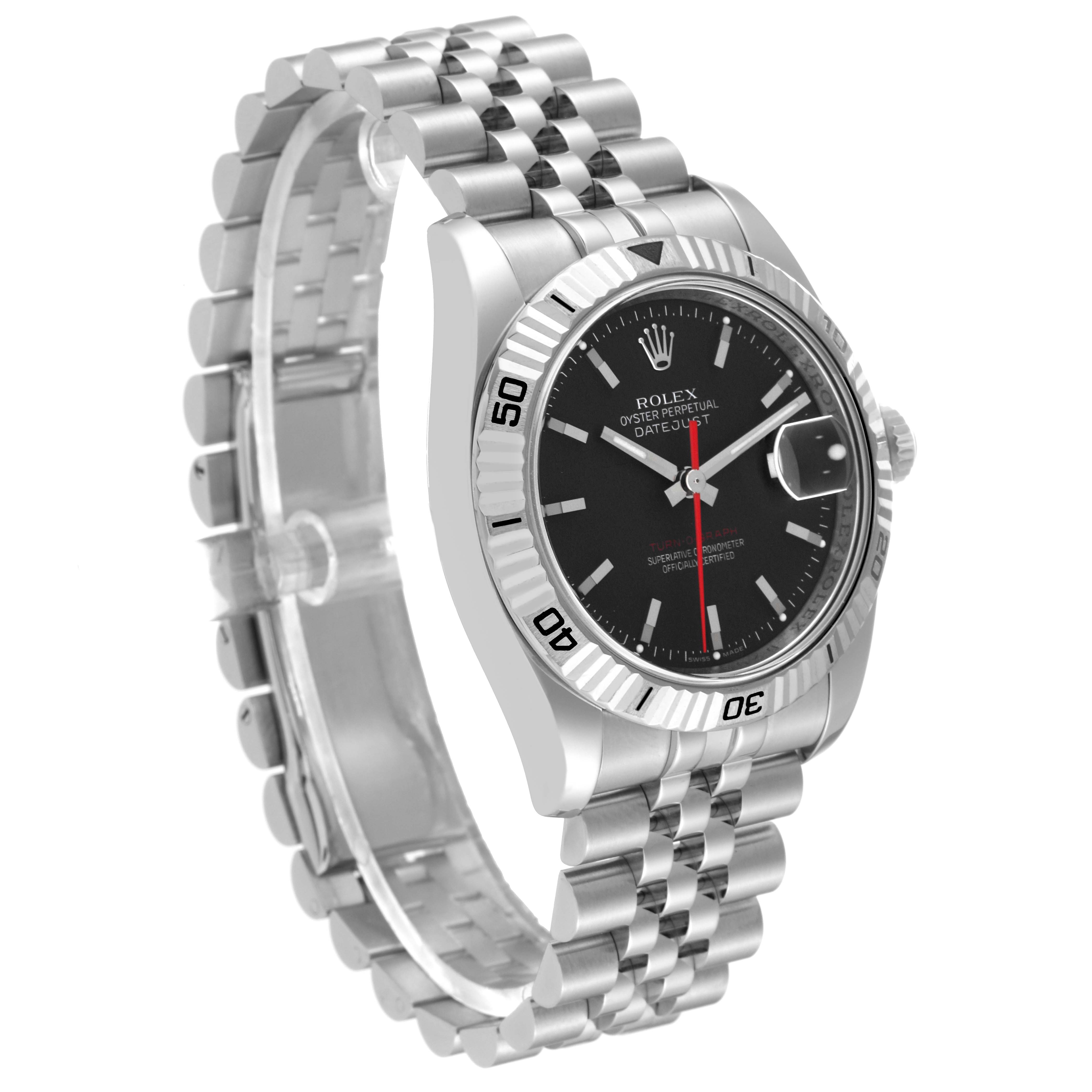 The image shows a Rolex Turn-o-Graph 116264 Men's Stainless Steel Black Dial 116264 Men's Stainless Steel Black Dial watch from a left-front angle, displaying its dial, bezel, crown, and bracelet.