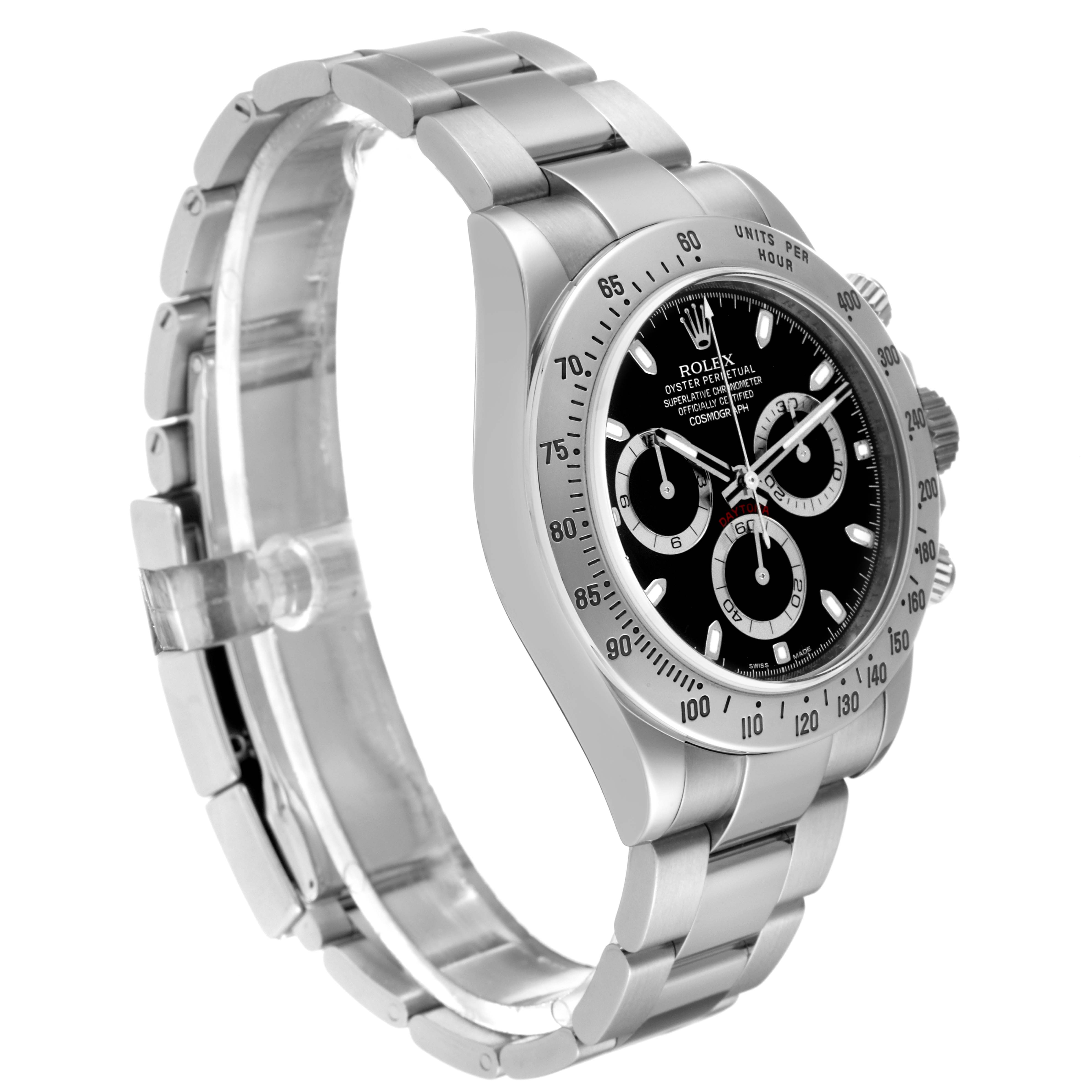 The image shows a side angle view of a Rolex Daytona 116520 Men's Stainless Steel Black Dial 116520 Men's Stainless Steel Black Dial watch, highlighting the bracelet, bezel, and dial.