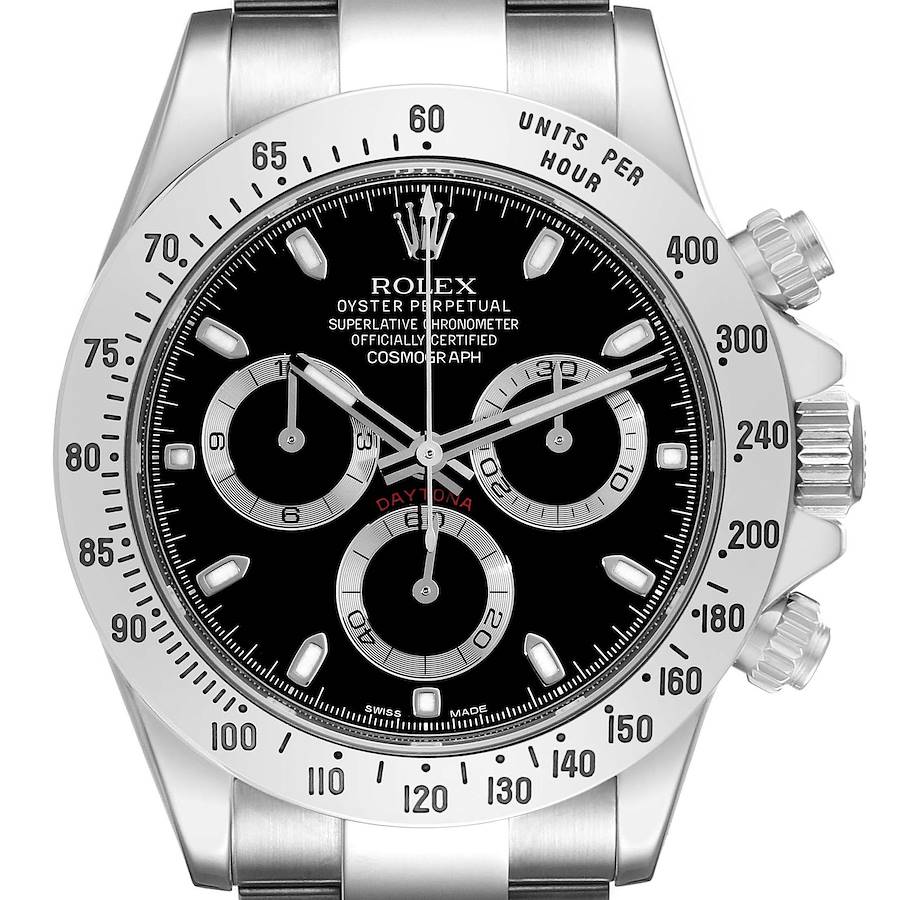 This image shows a front view of a Rolex Daytona watch, highlighting its dial, bezel, crown, and push buttons.