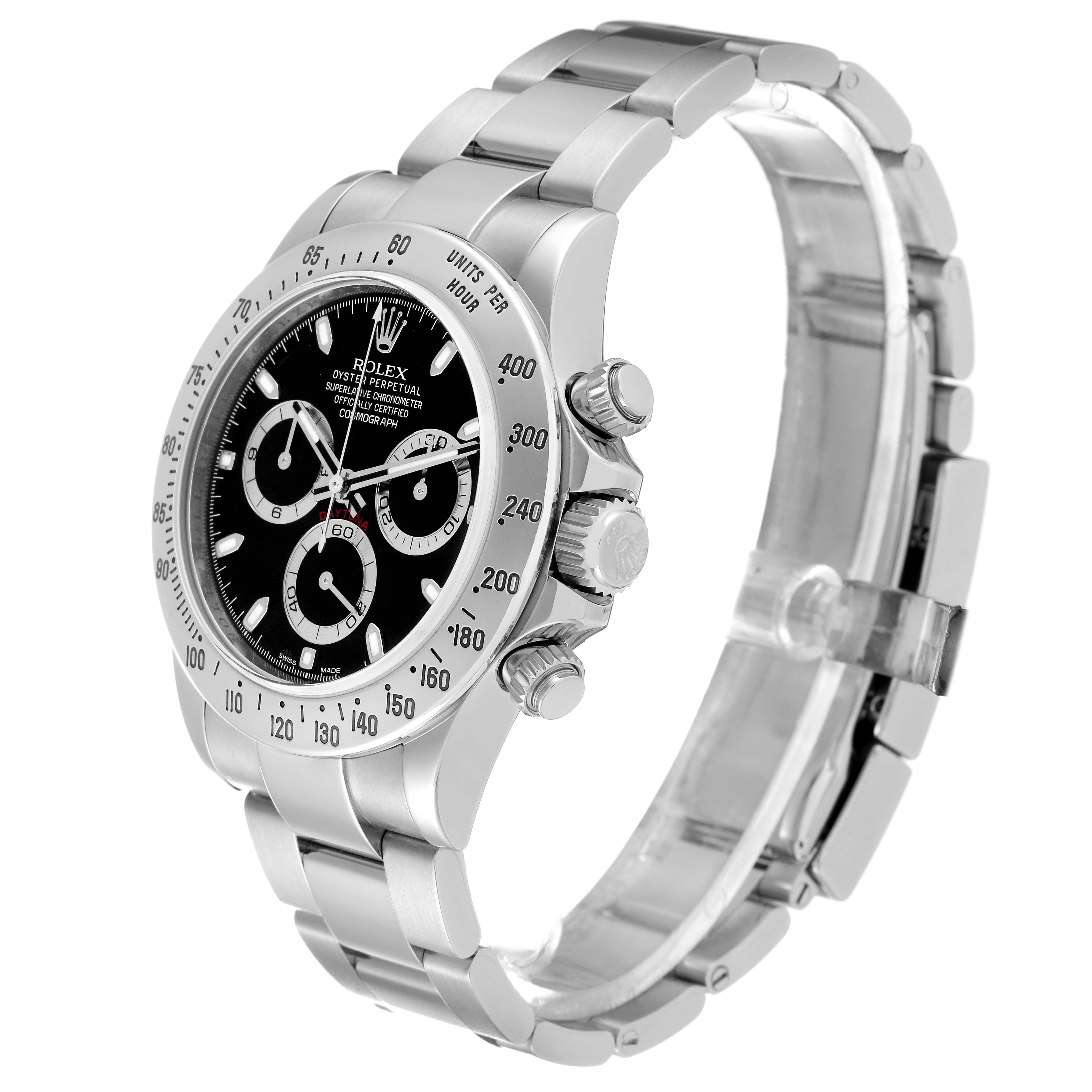 The image shows a side angle of a Rolex Daytona 116520 Men's Stainless Steel Black Dial 116520 Men's Stainless Steel Black Dial watch, highlighting its black dial, bezel, pushers, and bracelet.