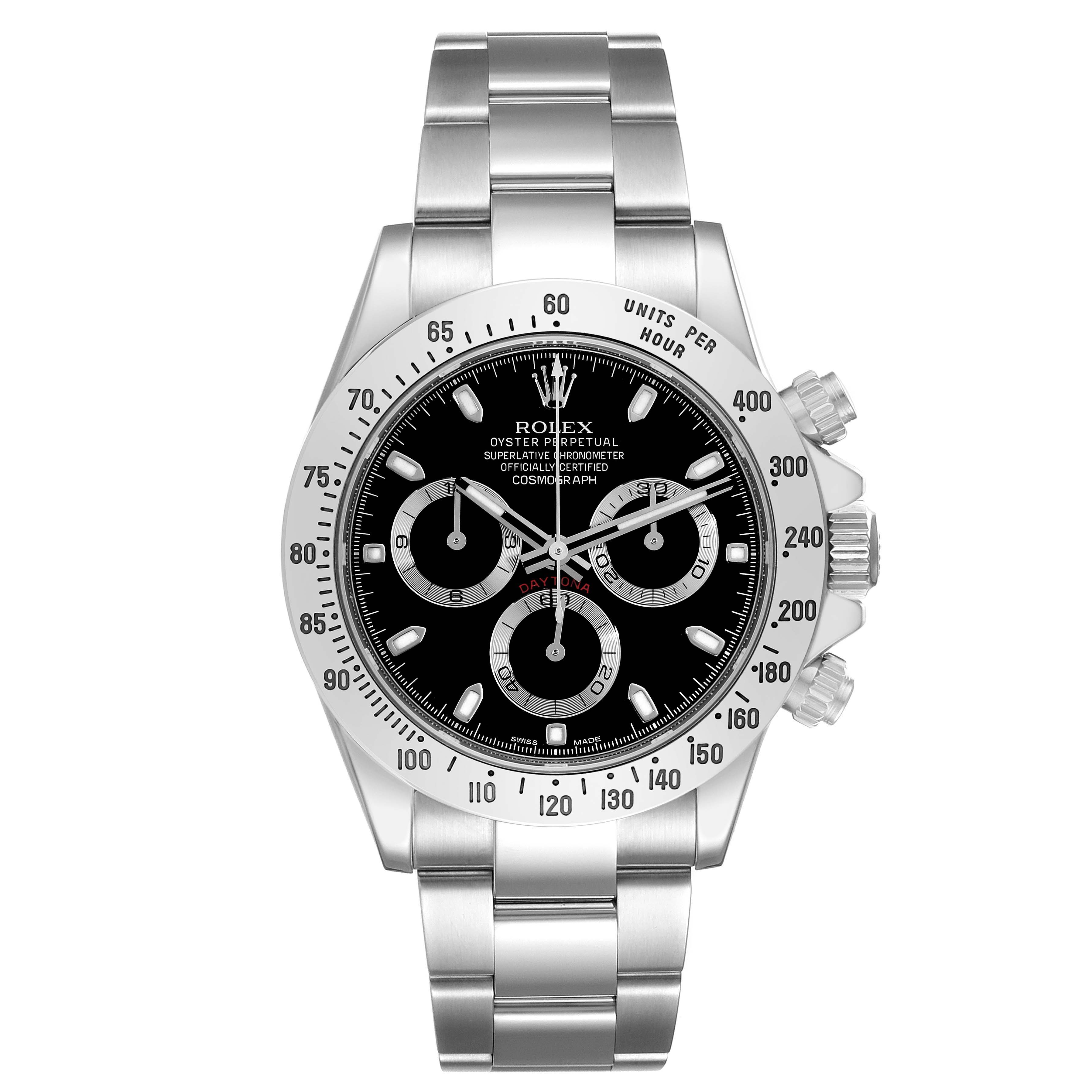 The image shows a front view of a Rolex Daytona 116520 Men's Stainless Steel Black Dial 116520 Men's Stainless Steel Black Dial watch, highlighting the dial, bezel, and bracelet.