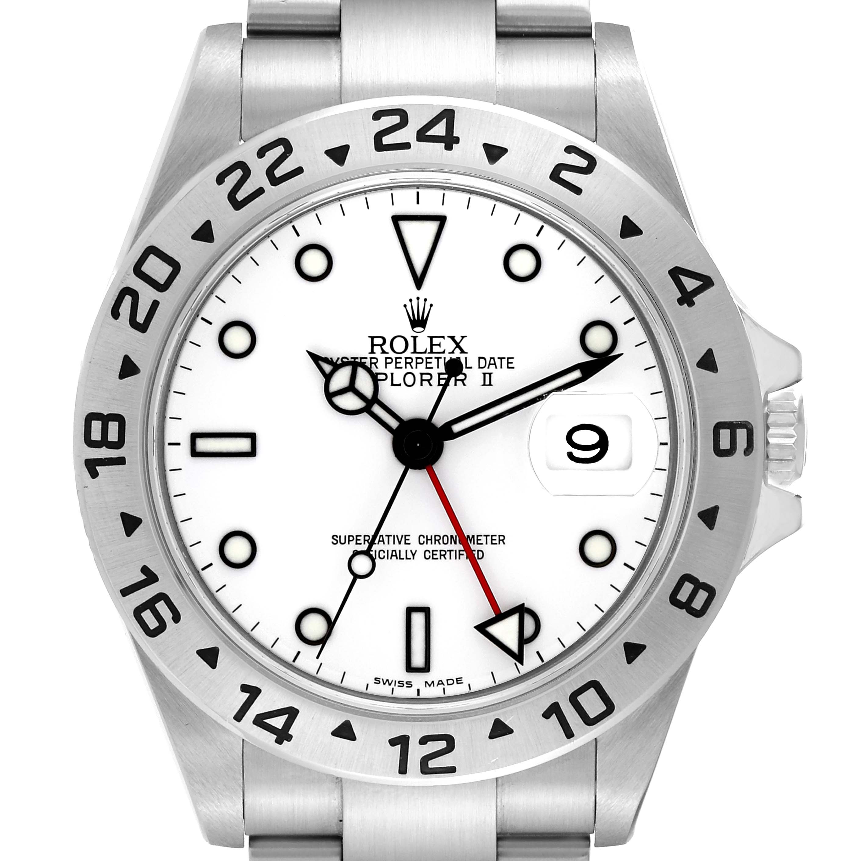 This image shows a front view of the Rolex Explorer 16570 Men
s Stainless Steel White Dial 16570 Men
s Stainless Steel White Dial watch, highlighting its dial, hands, bezel, and bracelet.