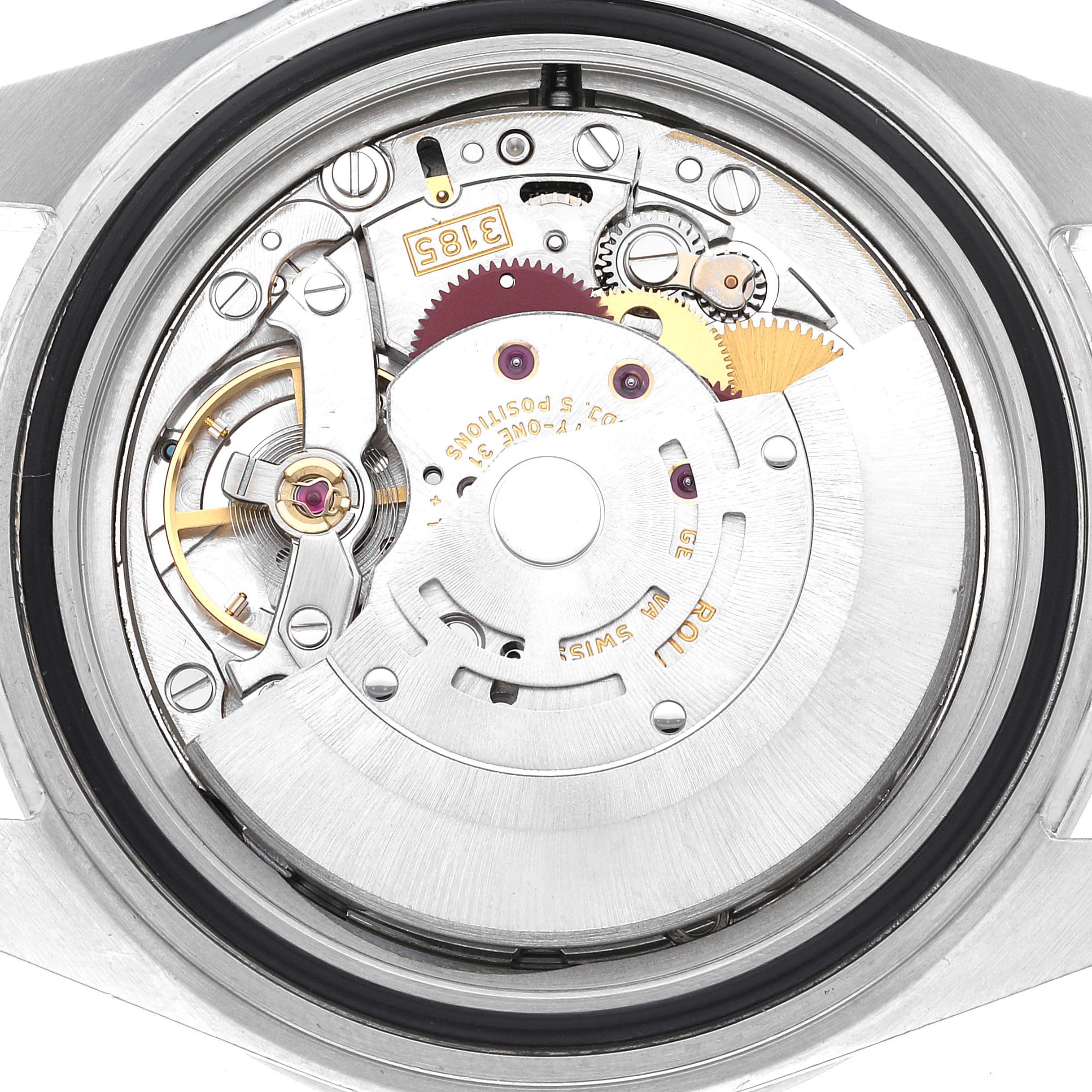 The image shows the internal movement and mechanism of a Rolex Explorer 16570 Men
s Stainless Steel White Dial 16570 Men
s Stainless Steel White Dial watch from a rear angle with the case back removed.