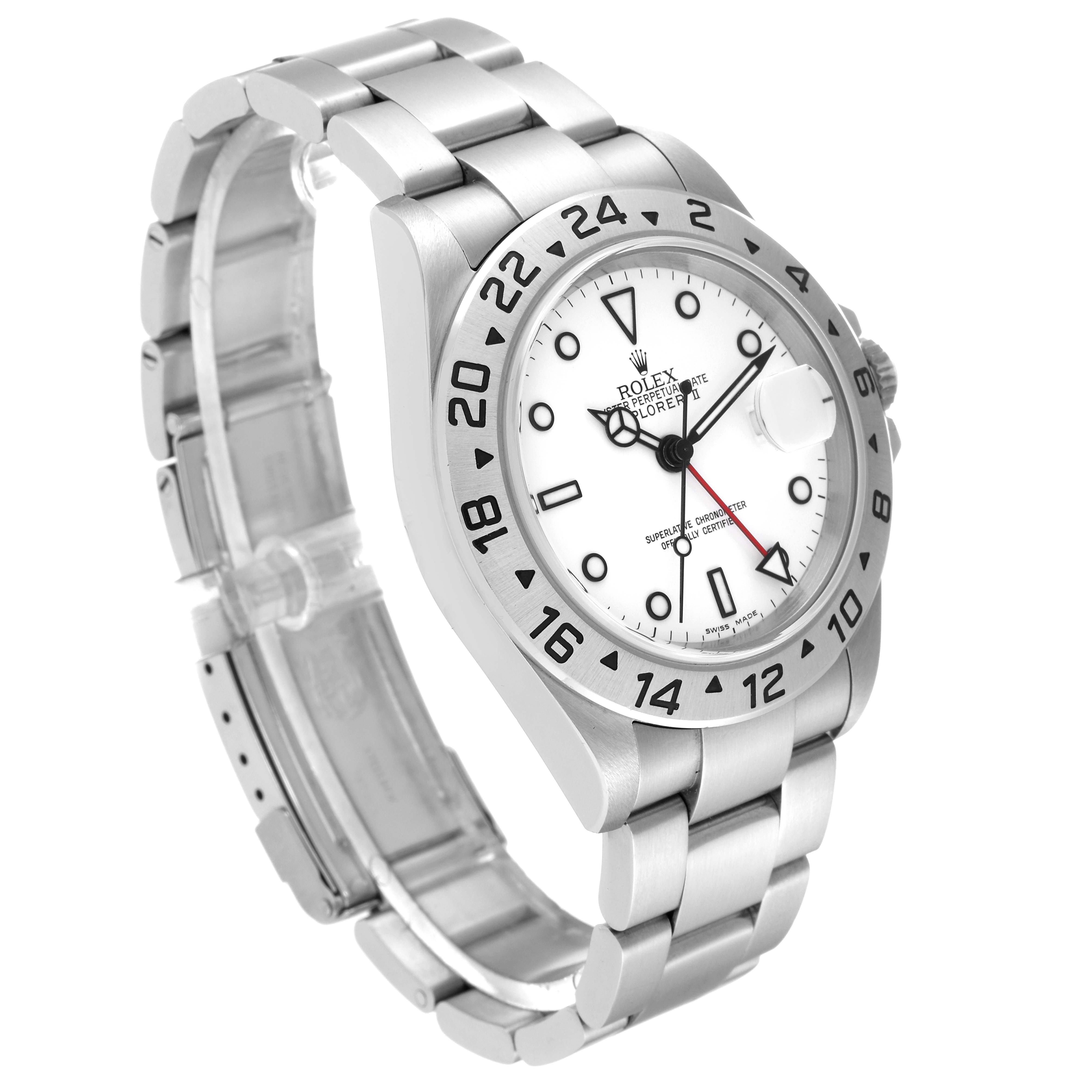 The image shows a Rolex Explorer 16570 Men
s Stainless Steel White Dial 16570 Men
s Stainless Steel White Dial model watch at an angled view highlighting the face, bezel, crown, and stainless steel bracelet.