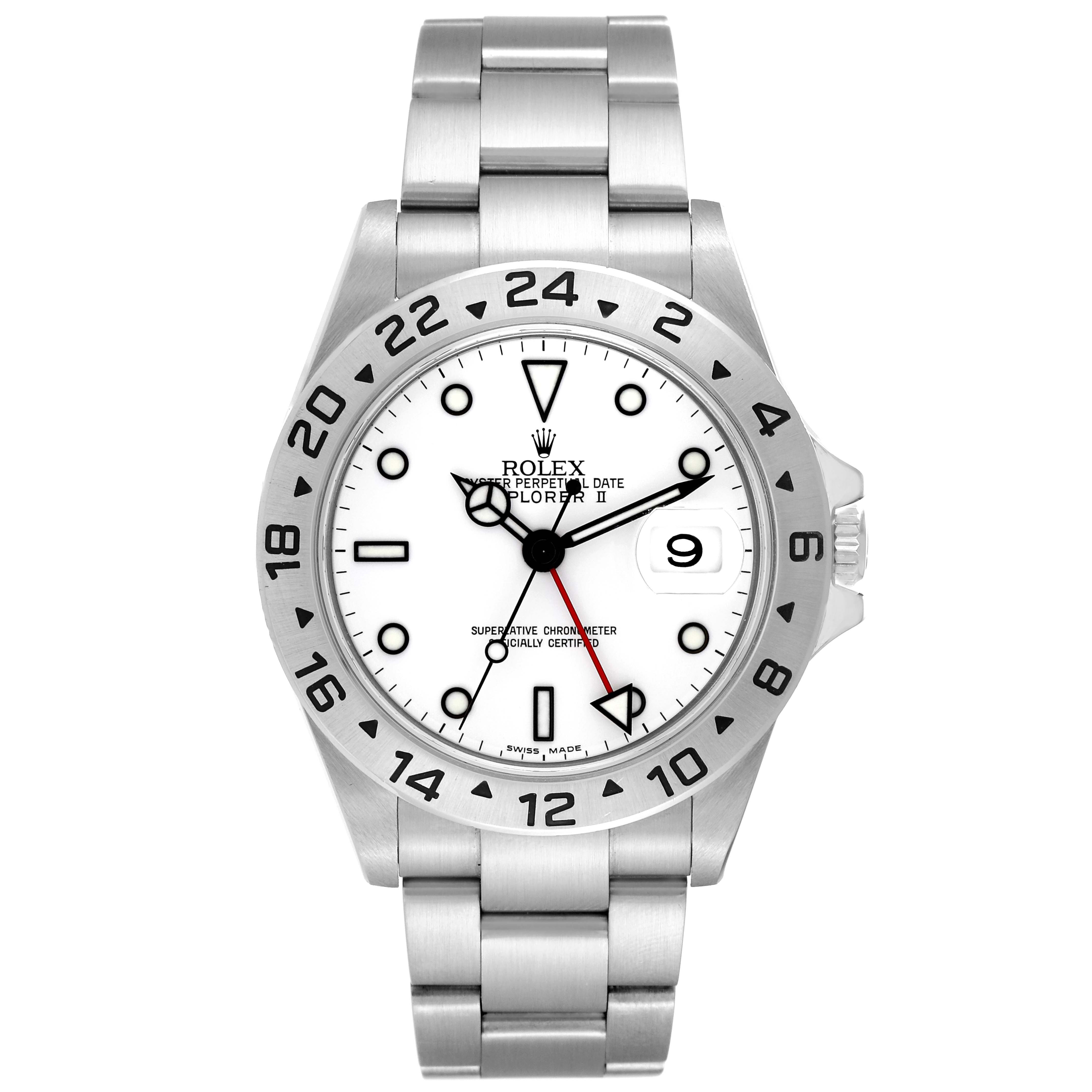 This image shows a front view of a Rolex Explorer 16570 Men
s Stainless Steel White Dial 16570 Men
s Stainless Steel White Dial watch, highlighting its dial and bracelet.