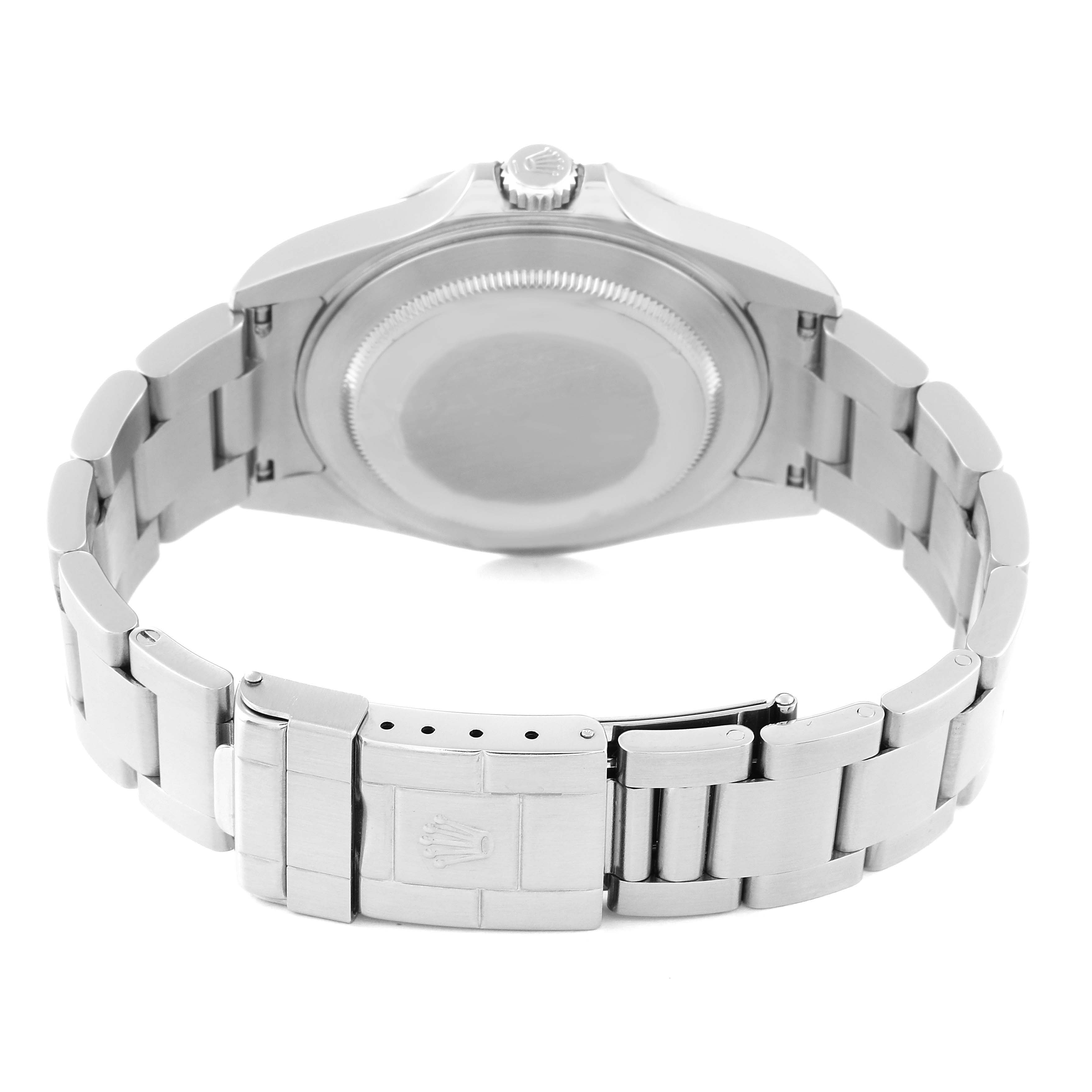The image shows the back case and bracelet clasp of the Rolex Explorer 16570 Men
s Stainless Steel White Dial 16570 Men
s Stainless Steel White Dial watch from a rear angle.